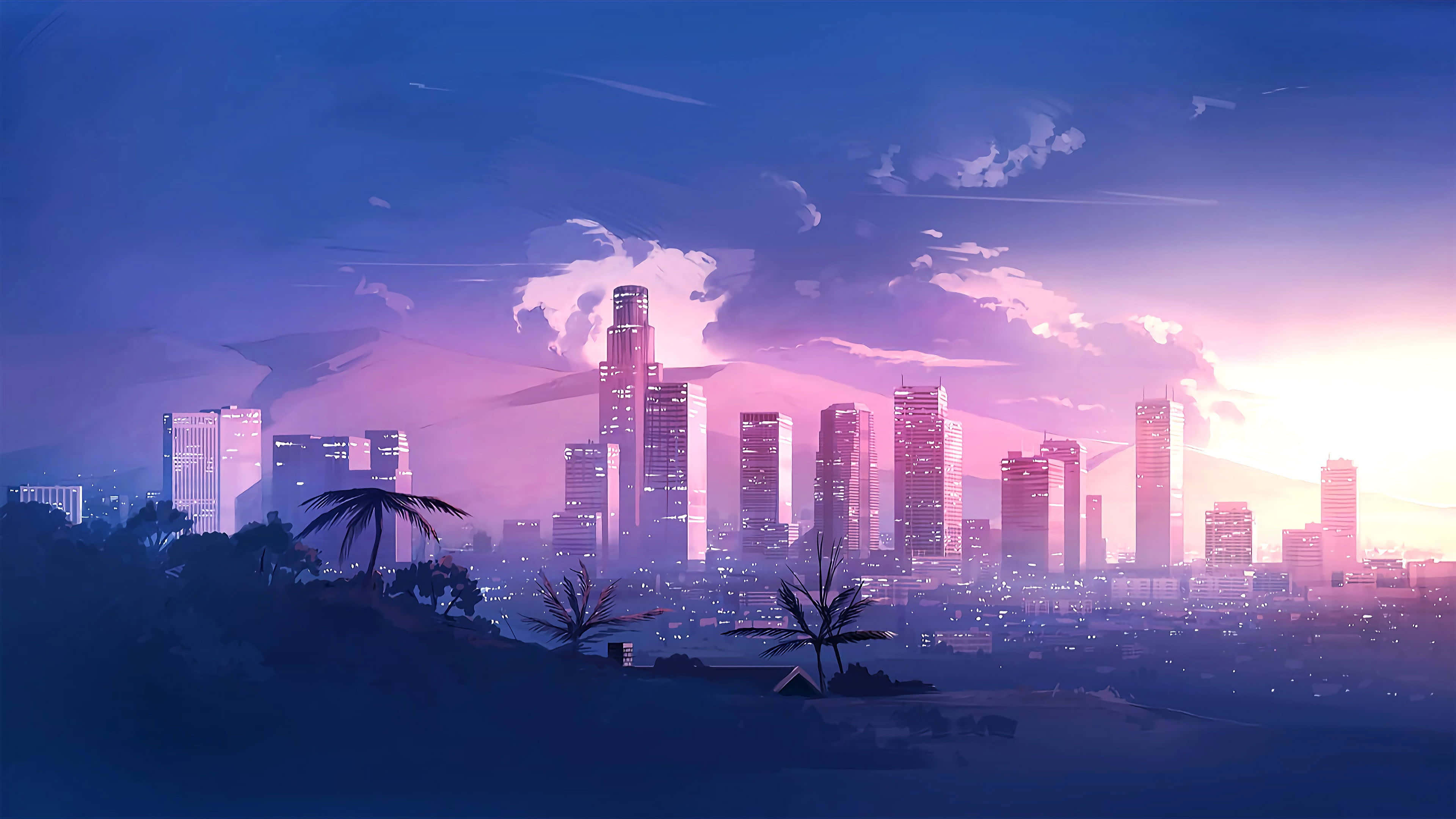 Neon Sunset Cityscape, vibrant purple and pink sunset, futuristic city skyline, 4K Desktop Wallpaper