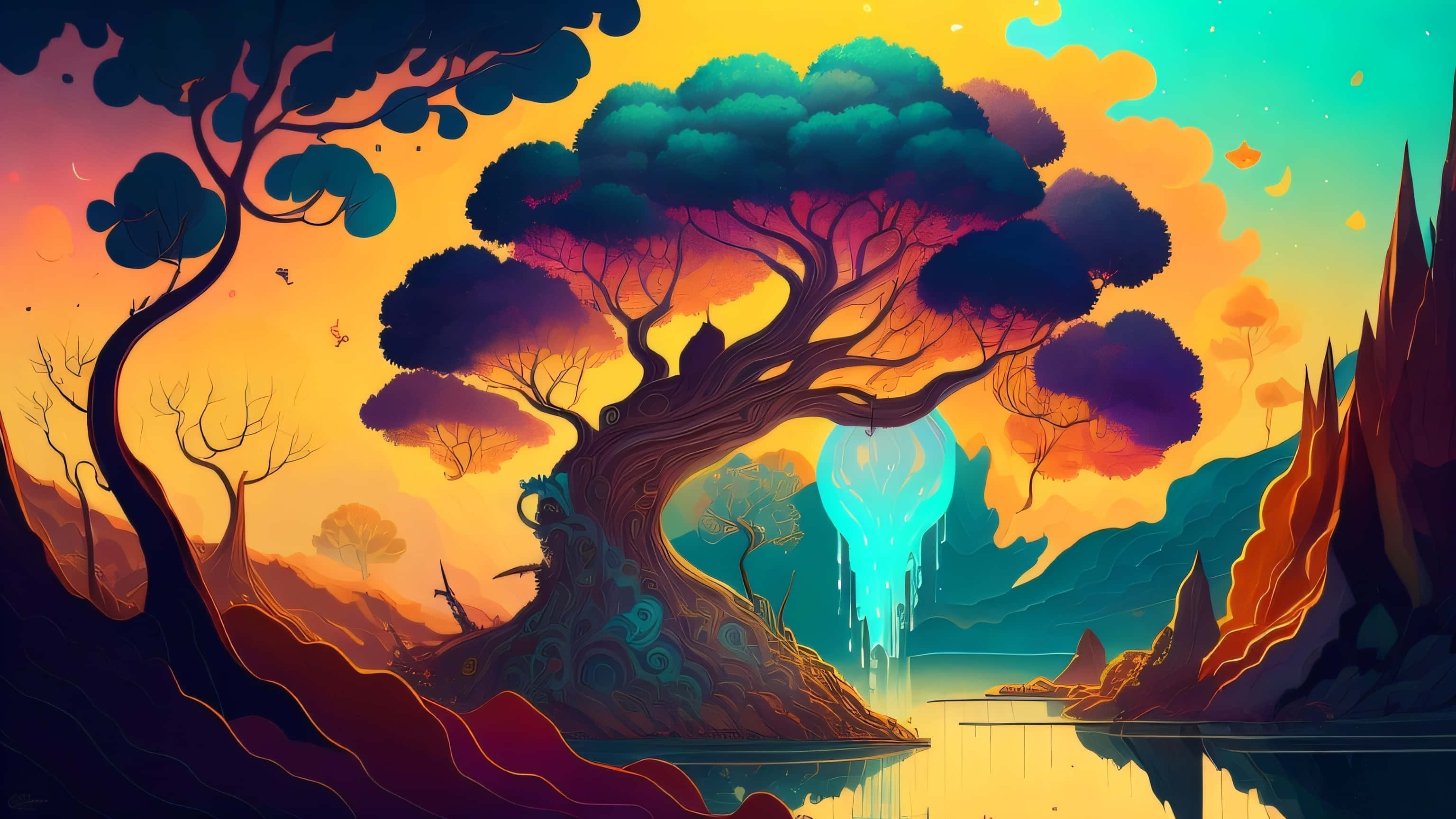 glowing teal leaves, reflective lake, vibrant sunset sky, 2K Desktop Wallpaper