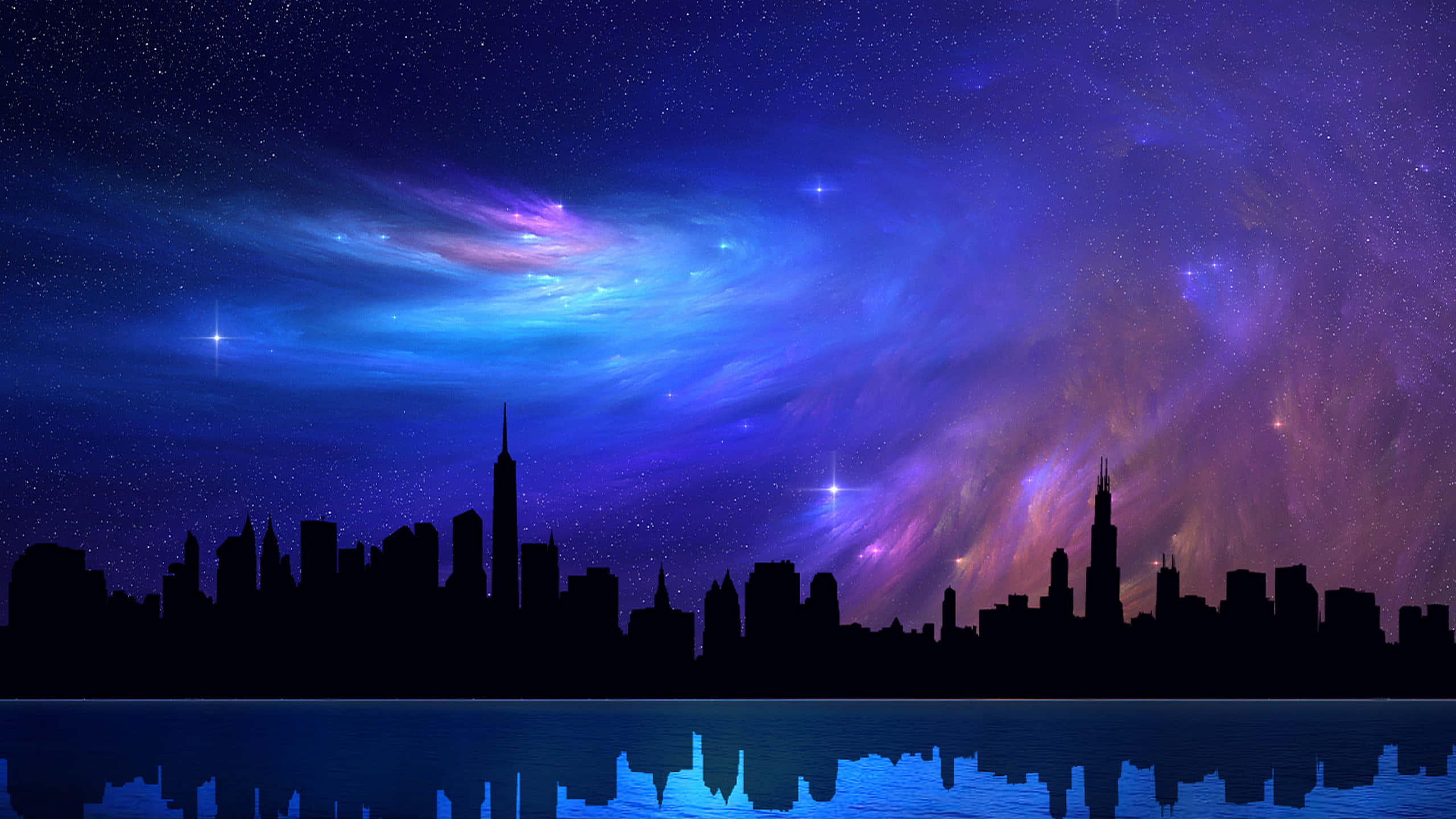 Neon Night Skyline, city skyline silhouette, water, 2K Desktop Wallpaper