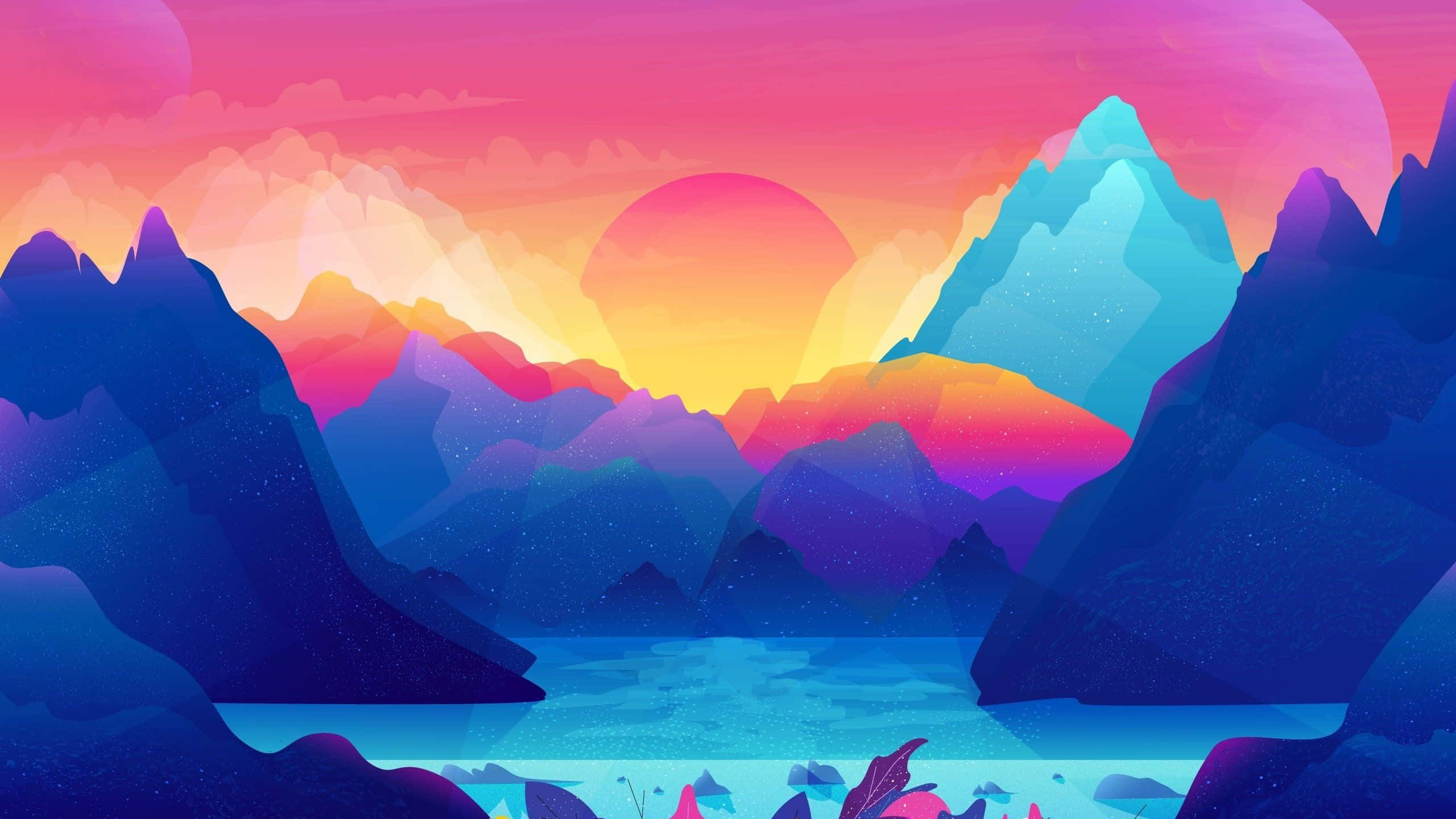 Neon Landscape, geometric mountains, surreal pink orange sunset, 2K Desktop Wallpaper