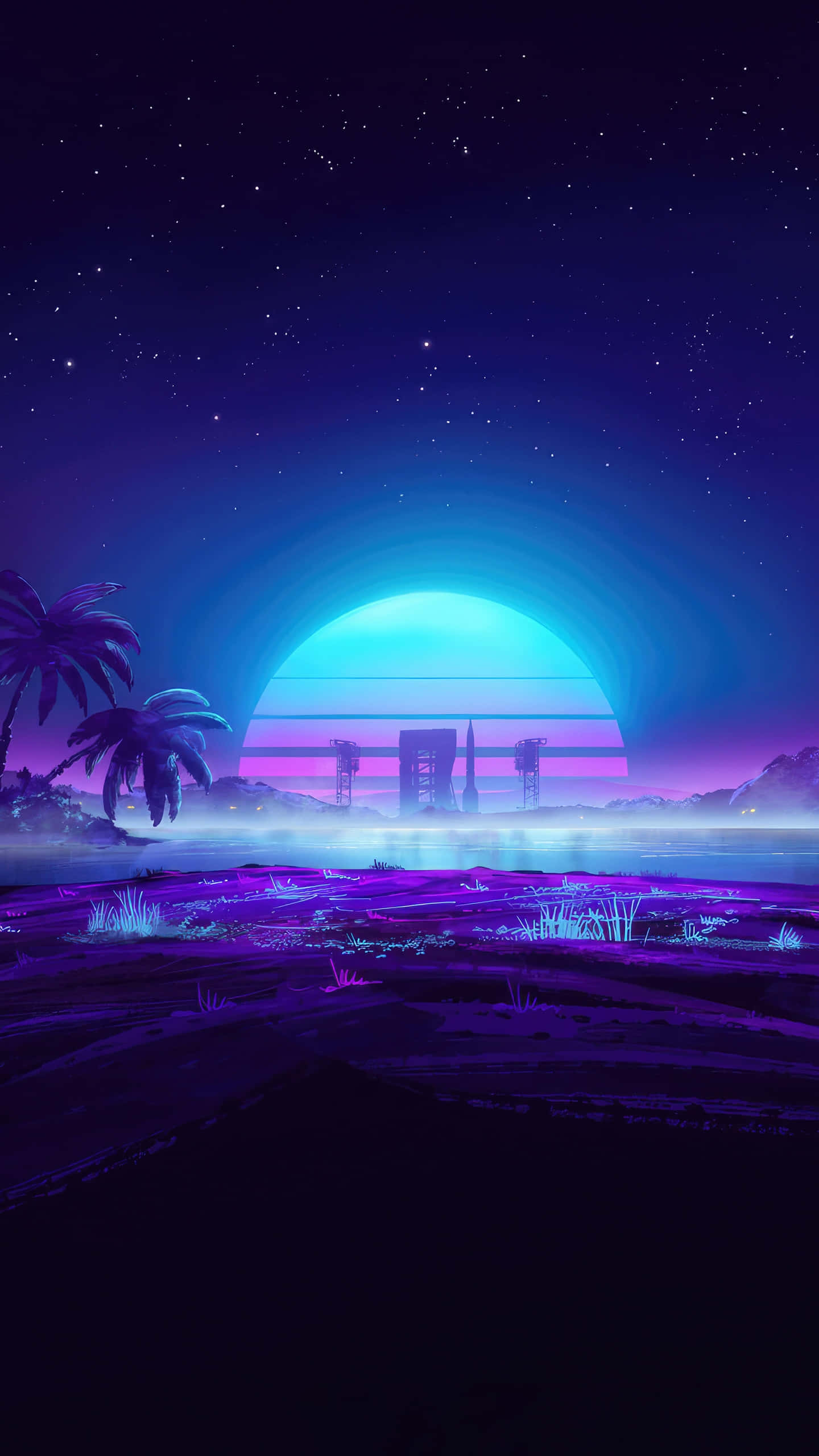 neon sunset, desert, palm trees, 2K Phone Wallpaper