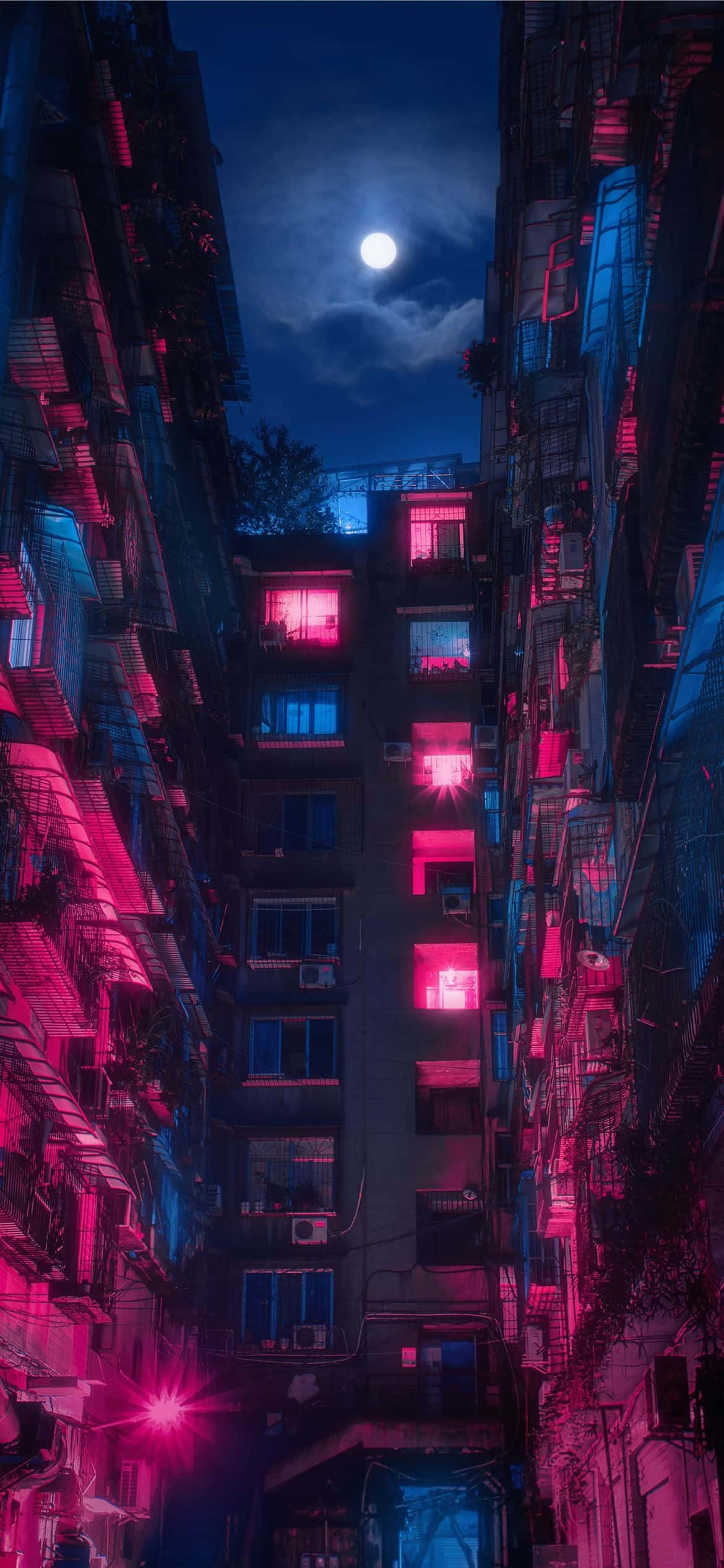 Neon Jungle, urban alleyway, pink neon lights, Full HD Phone Wallpaper
