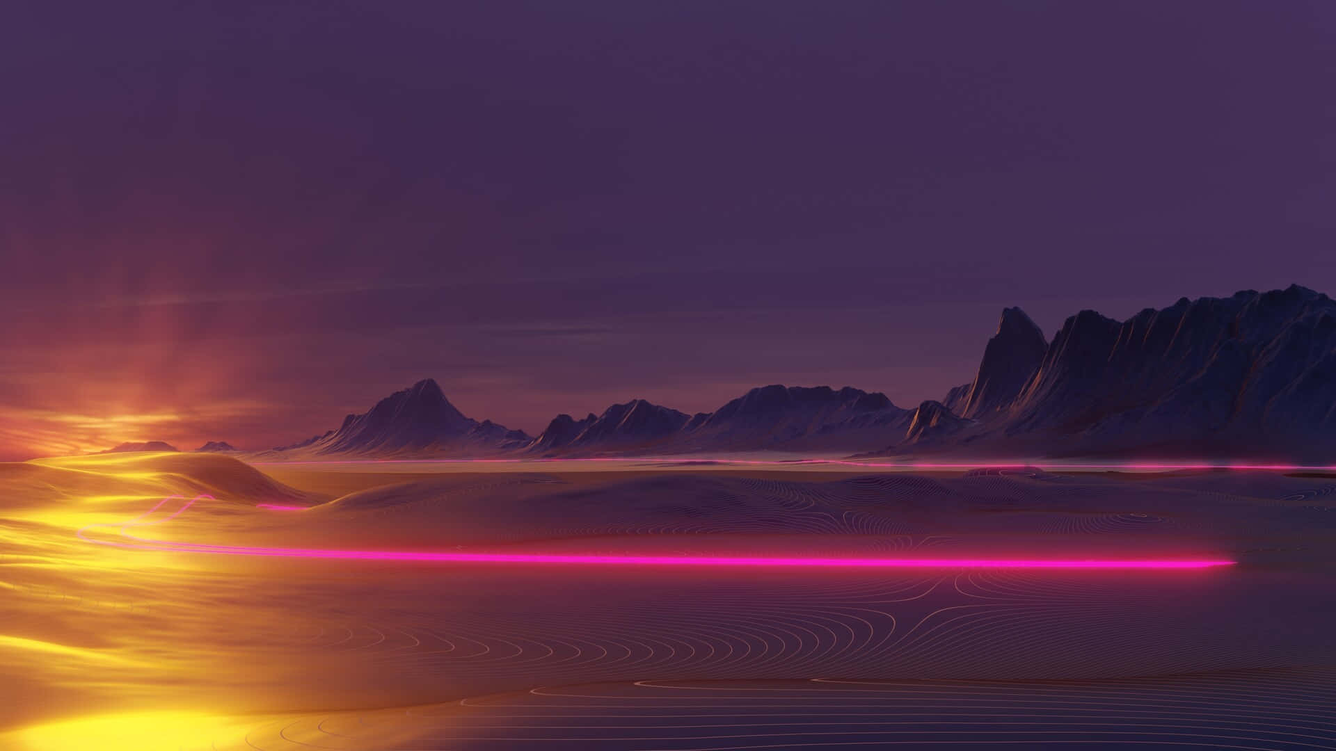 Neon Desert Sunset Landscape, glowing pink and yellow light trails, dunes, Full HD Desktop Wallpaper