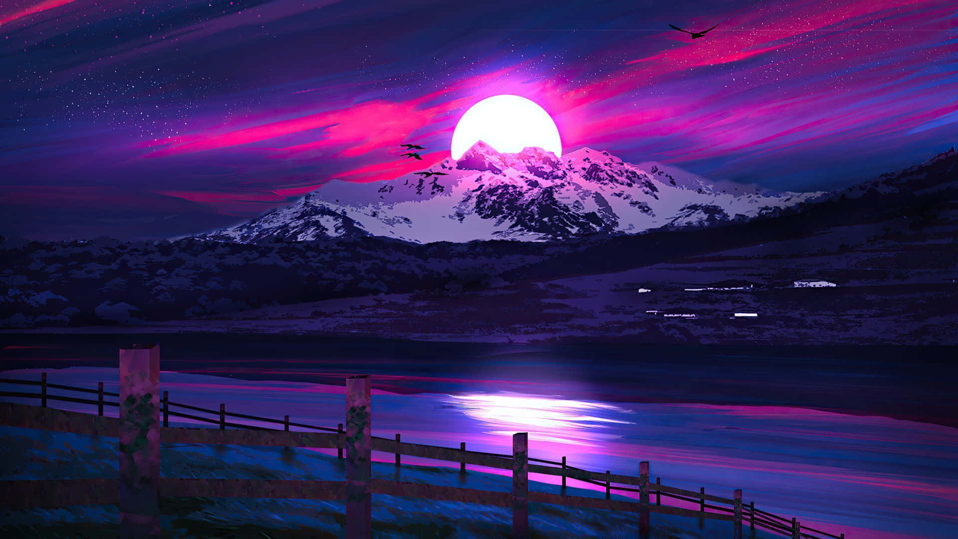 glowing pink moon, snow-capped mountains, calm lake, Full HD Desktop Wallpaper