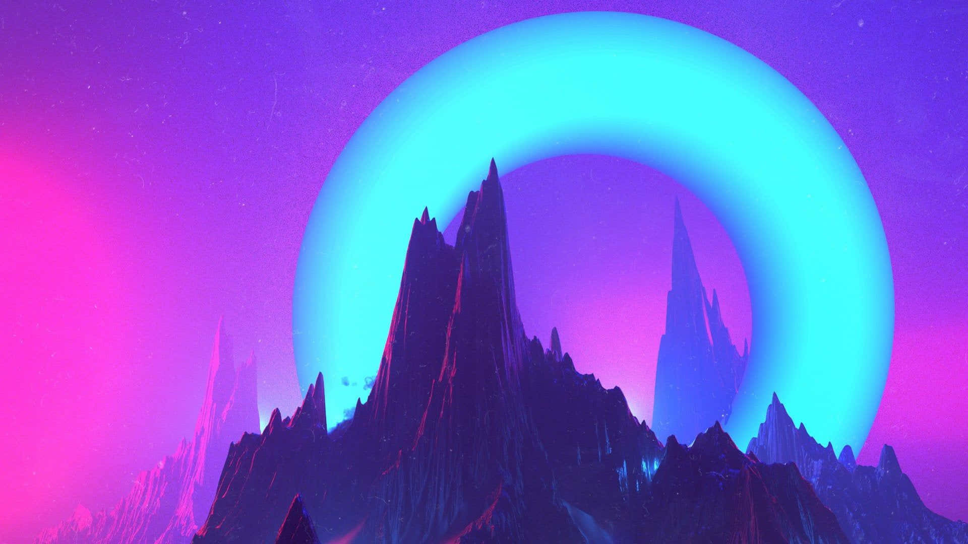 glowing cyan ring, vibrant purple and pink sky, jagged mountain range, Full HD Desktop Wallpaper