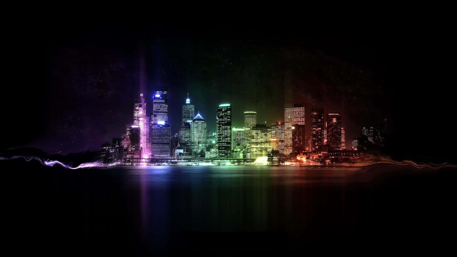 Neon Cityscape, night, dark water, Full HD Desktop Wallpaper