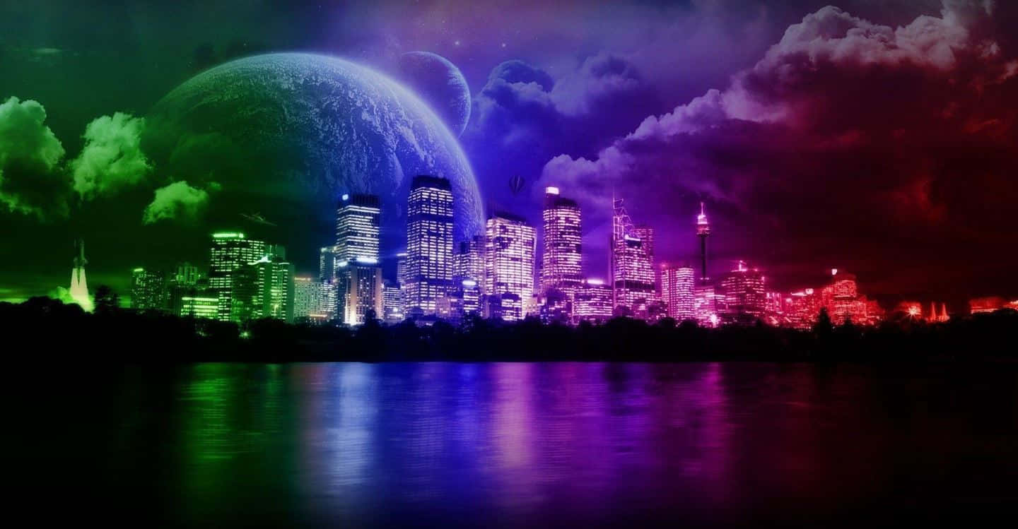 futuristic city skyline, neon lights, surreal sky, HD Desktop Wallpaper