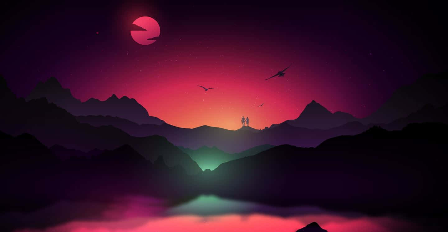 Neon Mountain Sunset Landscape, crescent moon, mountain ridge, HD Desktop Wallpaper