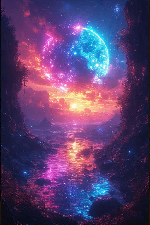 neon landscape, surreal canyon river, glowing half-moon, SD Phone Wallpaper