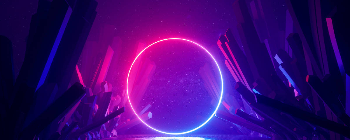neon ring, jagged crystalline structures, starry purple sky, SD Desktop Wallpaper