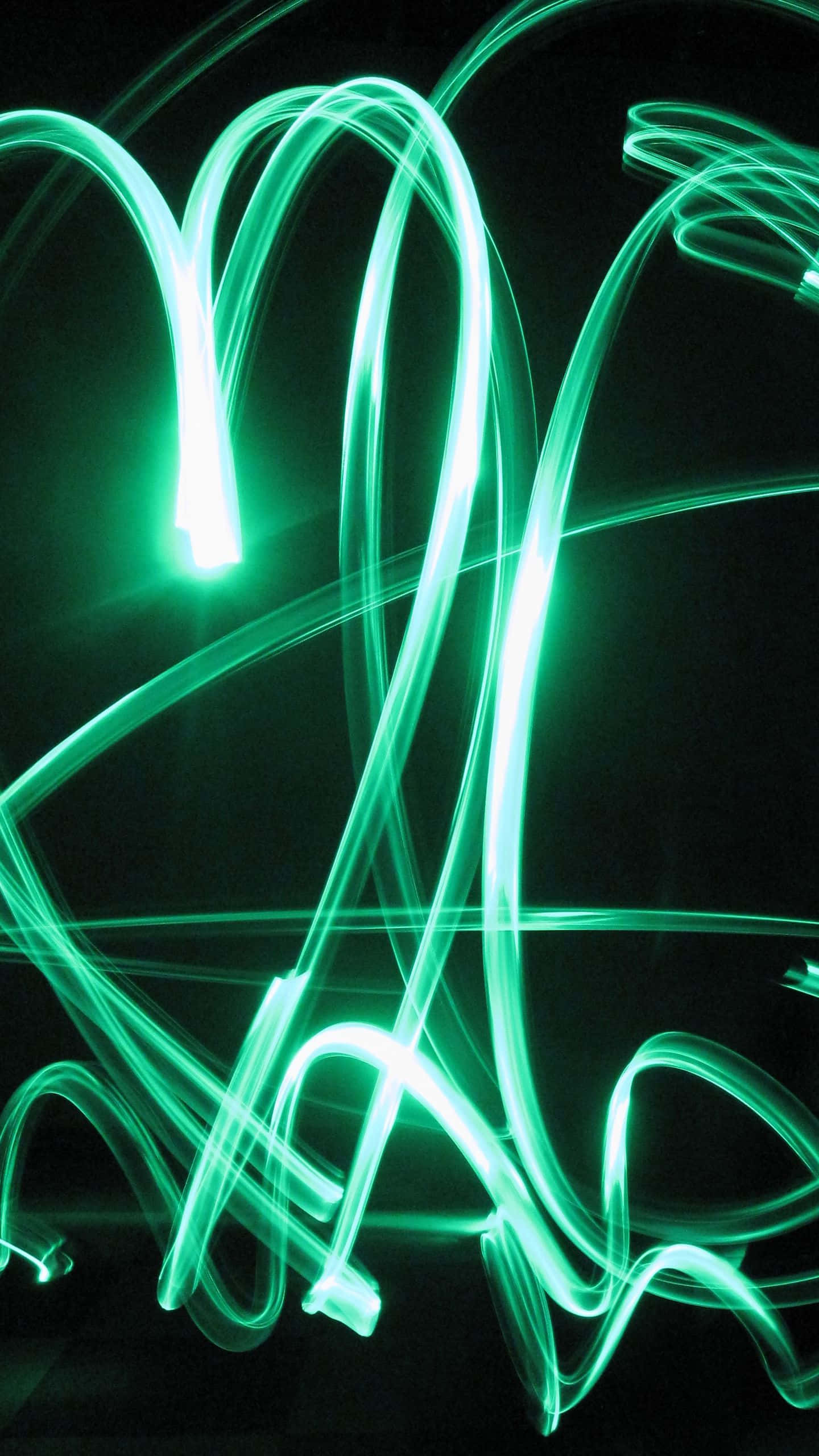 green LED, vibrant green light trails, pitch black background, 2K Phone Wallpaper