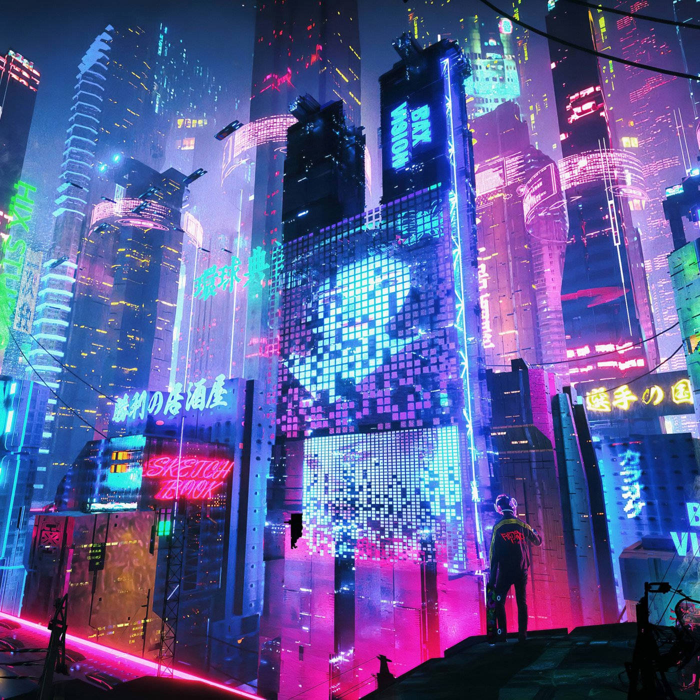 Neon Lights, city nightscape, rooftop, HD Desktop Wallpaper
