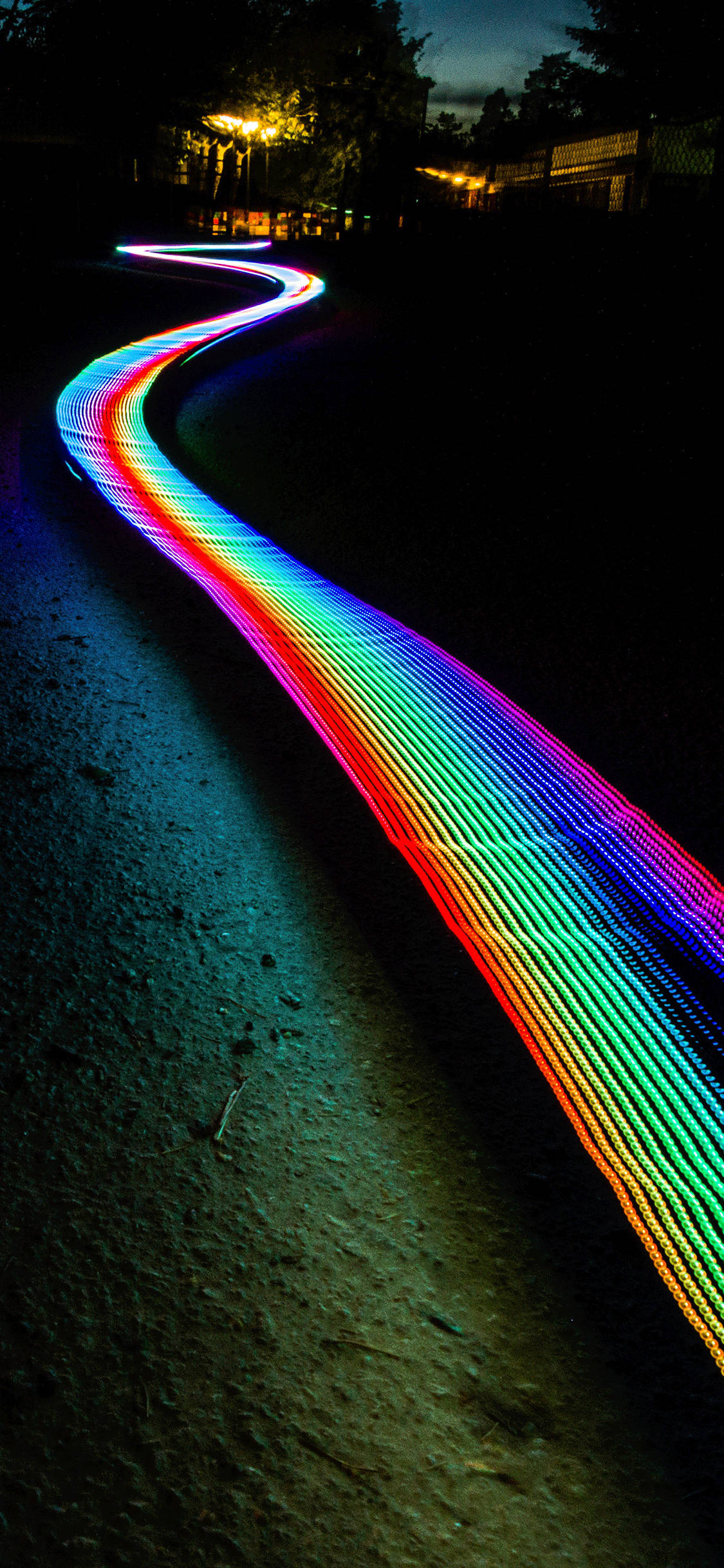 Neon Light Rainbow Path, rainbow light trail, dark urban path, Full HD Phone Wallpaper
