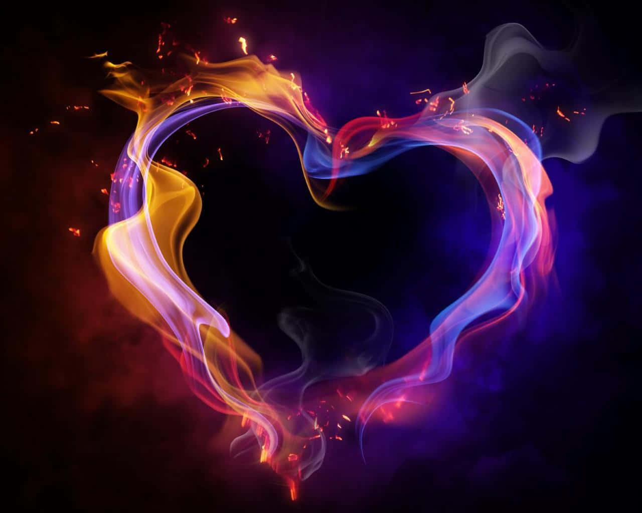 neon heart, flaming purple neon heart, fiery orange, HD Desktop Wallpaper