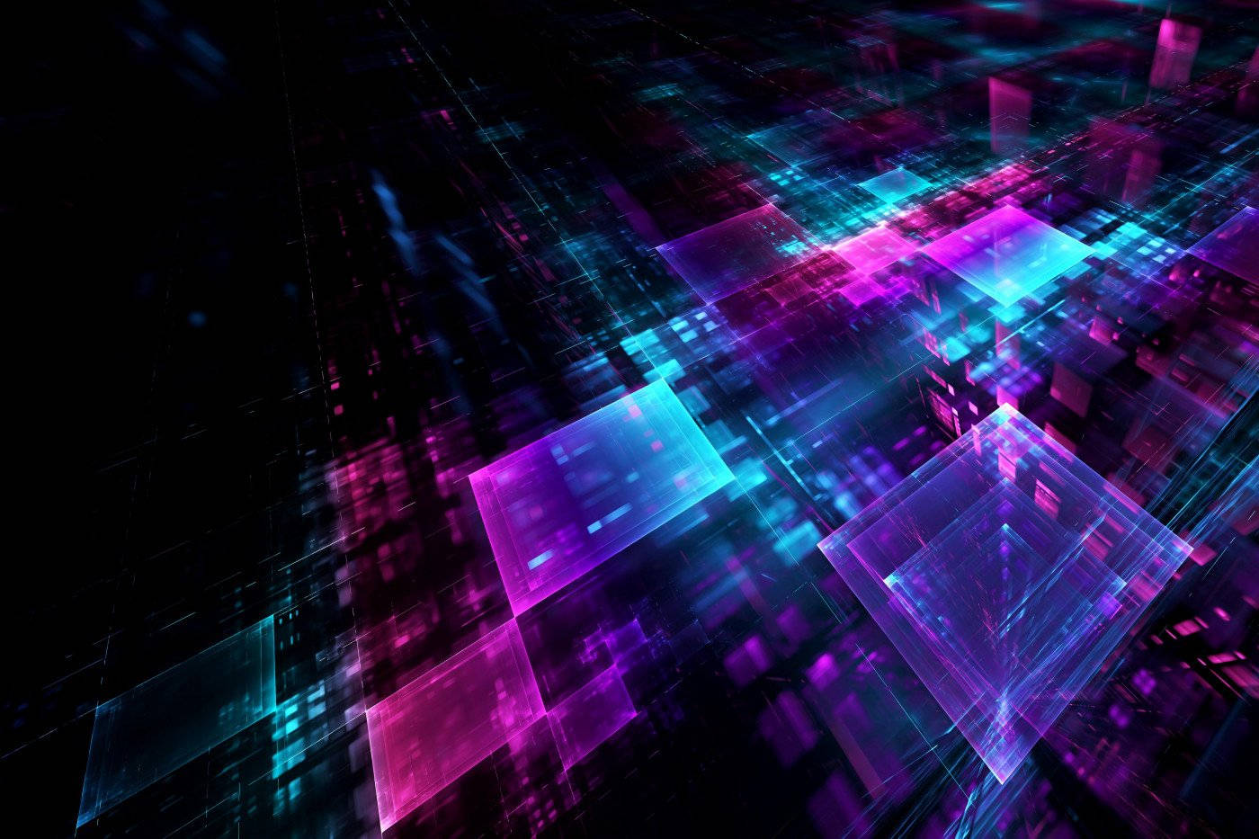 Neon Light Floor, vibrant glowing purple, cyan geometric cubes, HD Desktop Wallpaper
