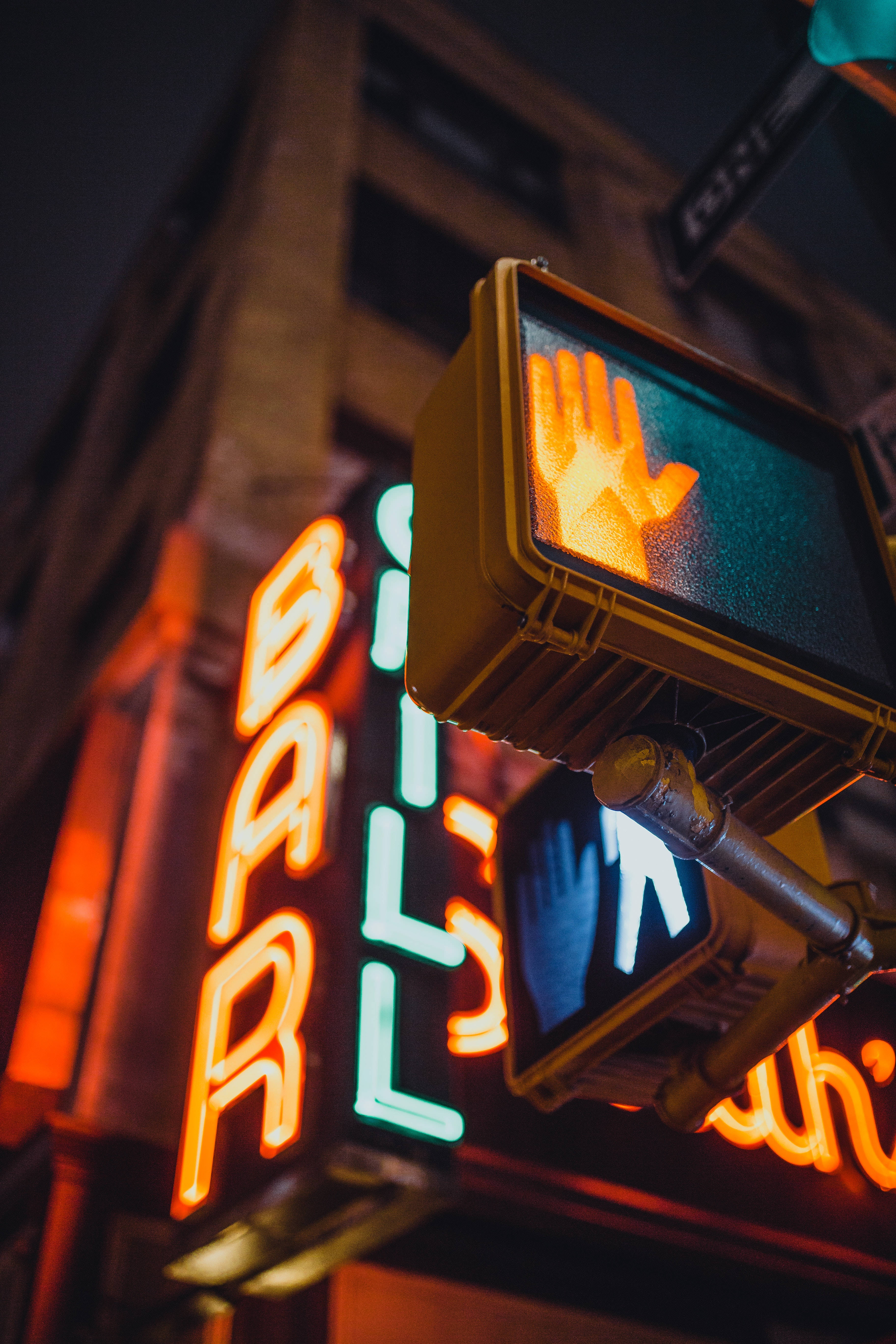 Pedestrian Neon Sign, glowing orange hand signal, neon bar sign, 5K Phone Wallpaper