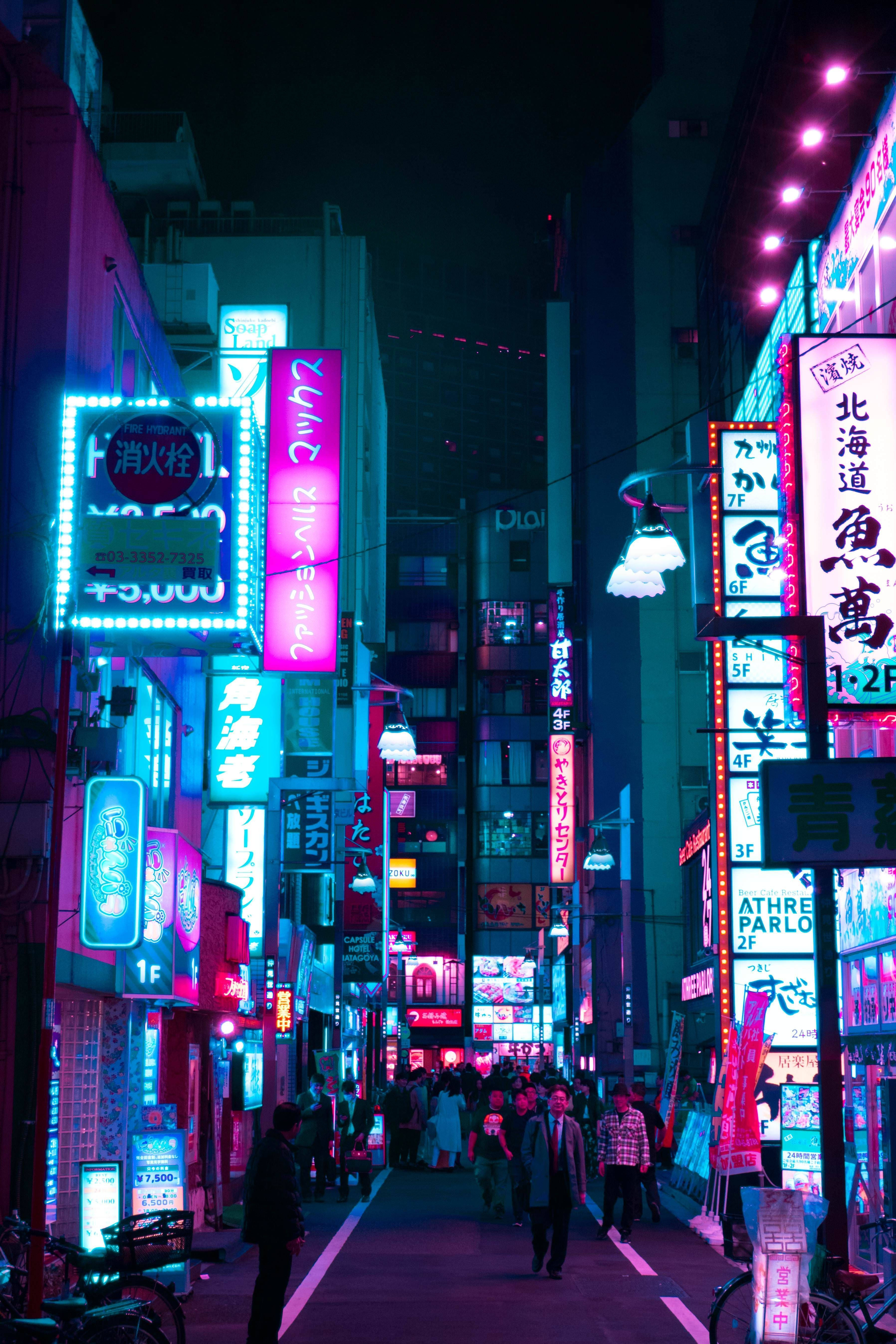 neon-lit urban alley, night, glowing signs, 5K Phone Wallpaper