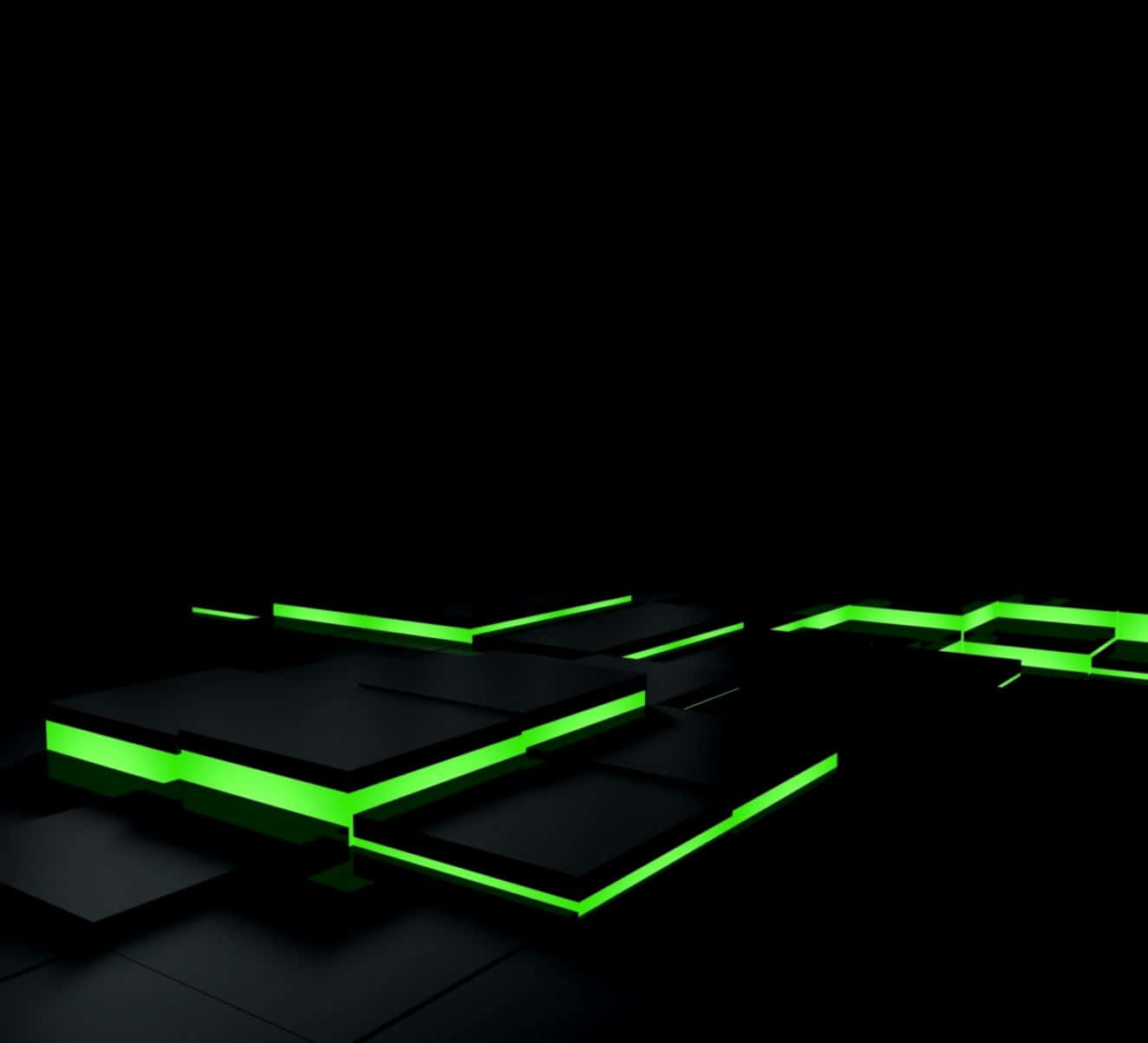 green LED lights, vibrant green neon edges, geometric black platforms, HD Desktop Wallpaper