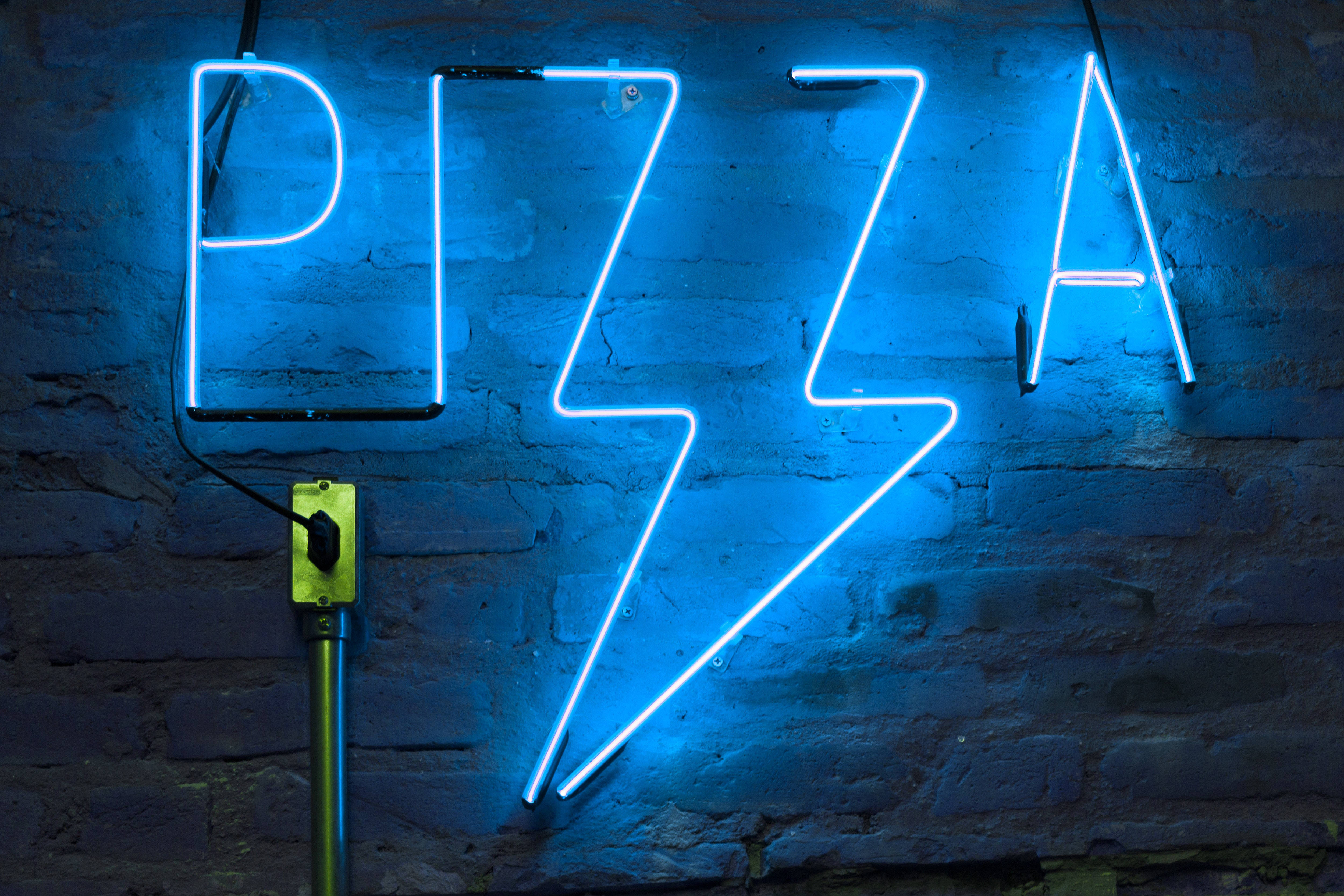 Blue Pizza, neon sign, PIZZA, 4K Desktop Wallpaper