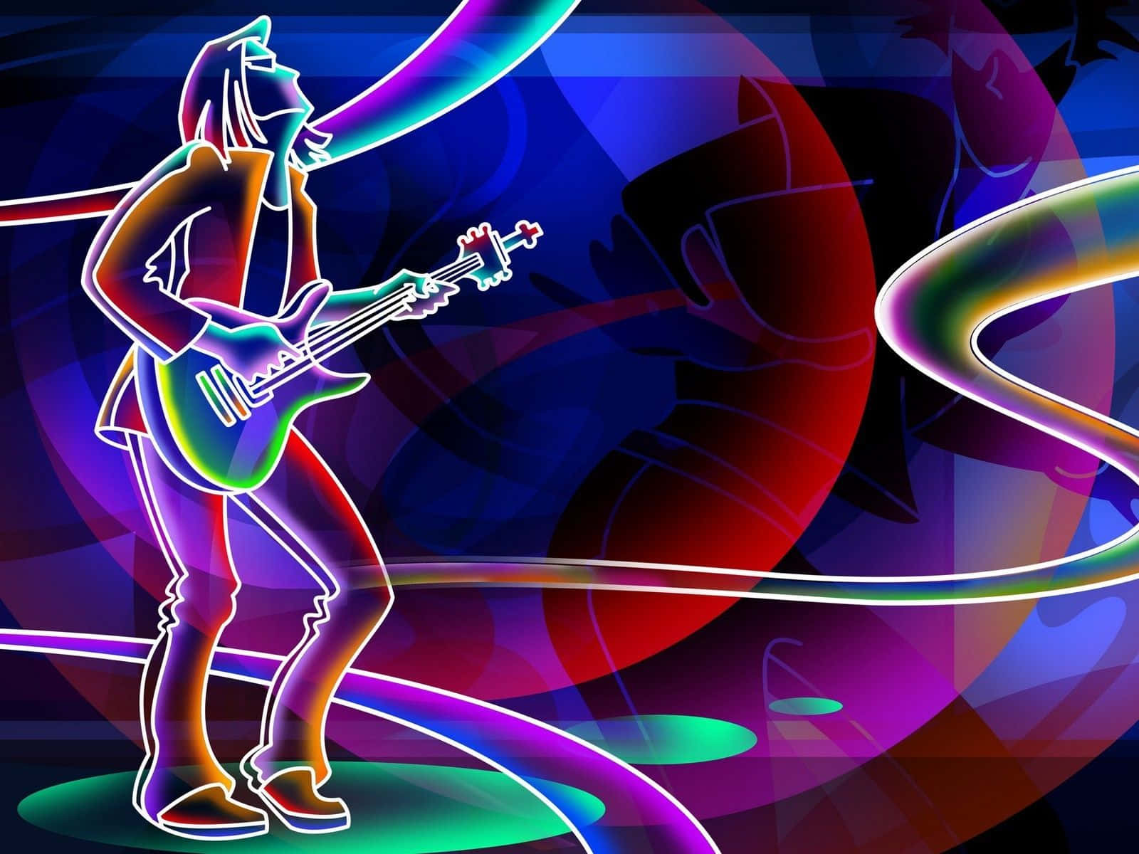 neon-lit guitarist, electric guitar, swirling abstract background, HD Desktop Wallpaper
