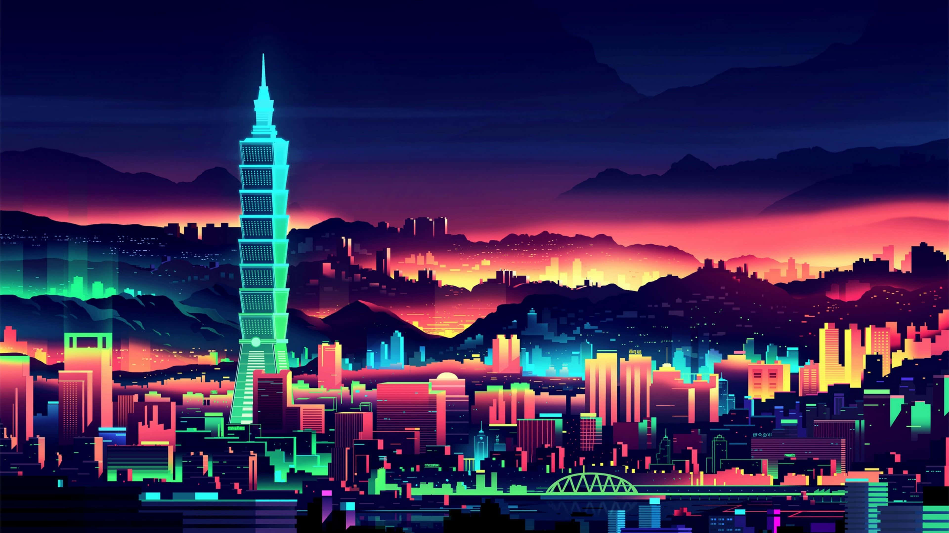 neon lights aesthetic, cityscape, glowing skyscrapers, 4K Desktop Wallpaper