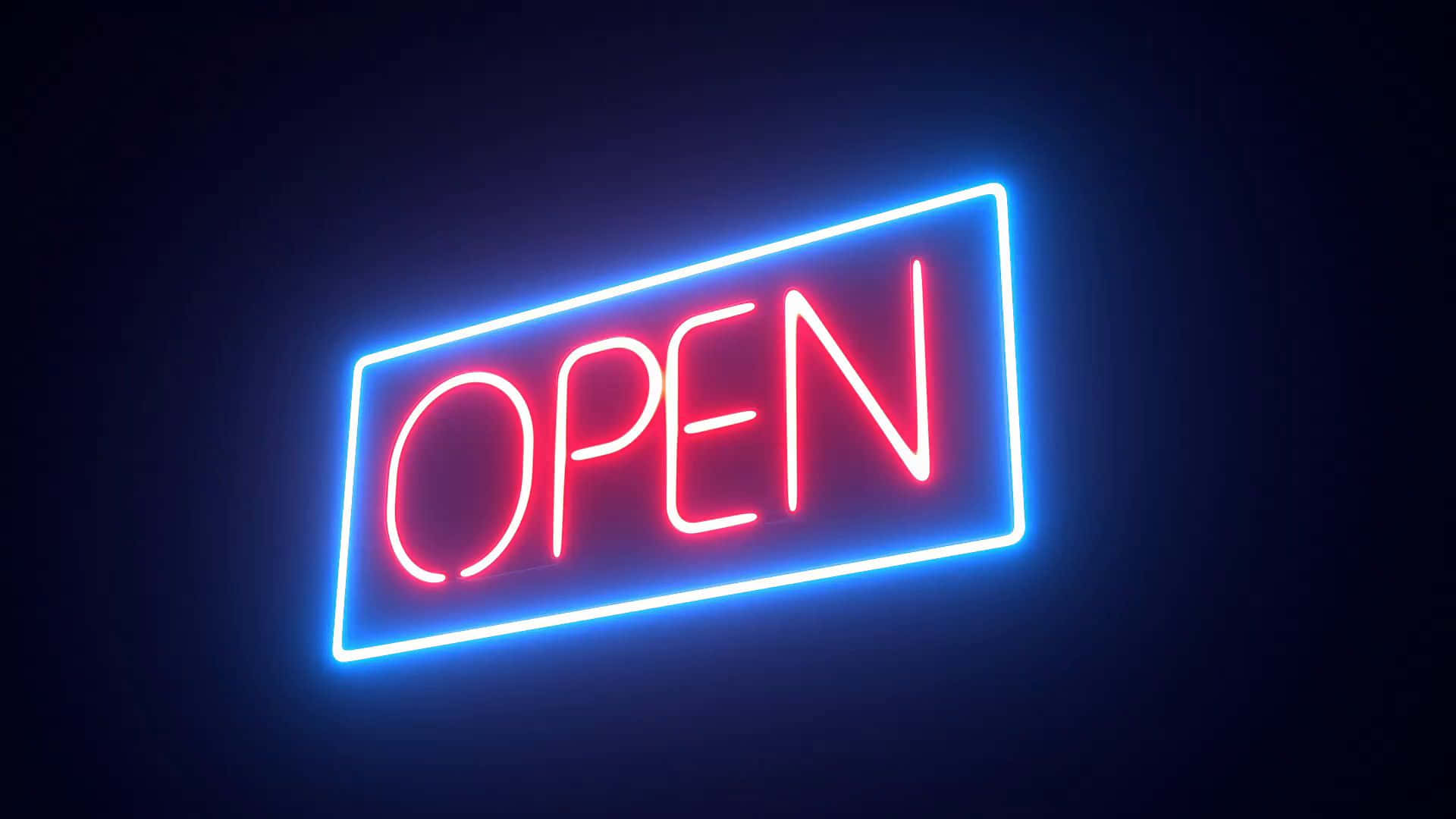 neon sign, red 'OPEN' text, blue rectangular border, Full HD Desktop Wallpaper