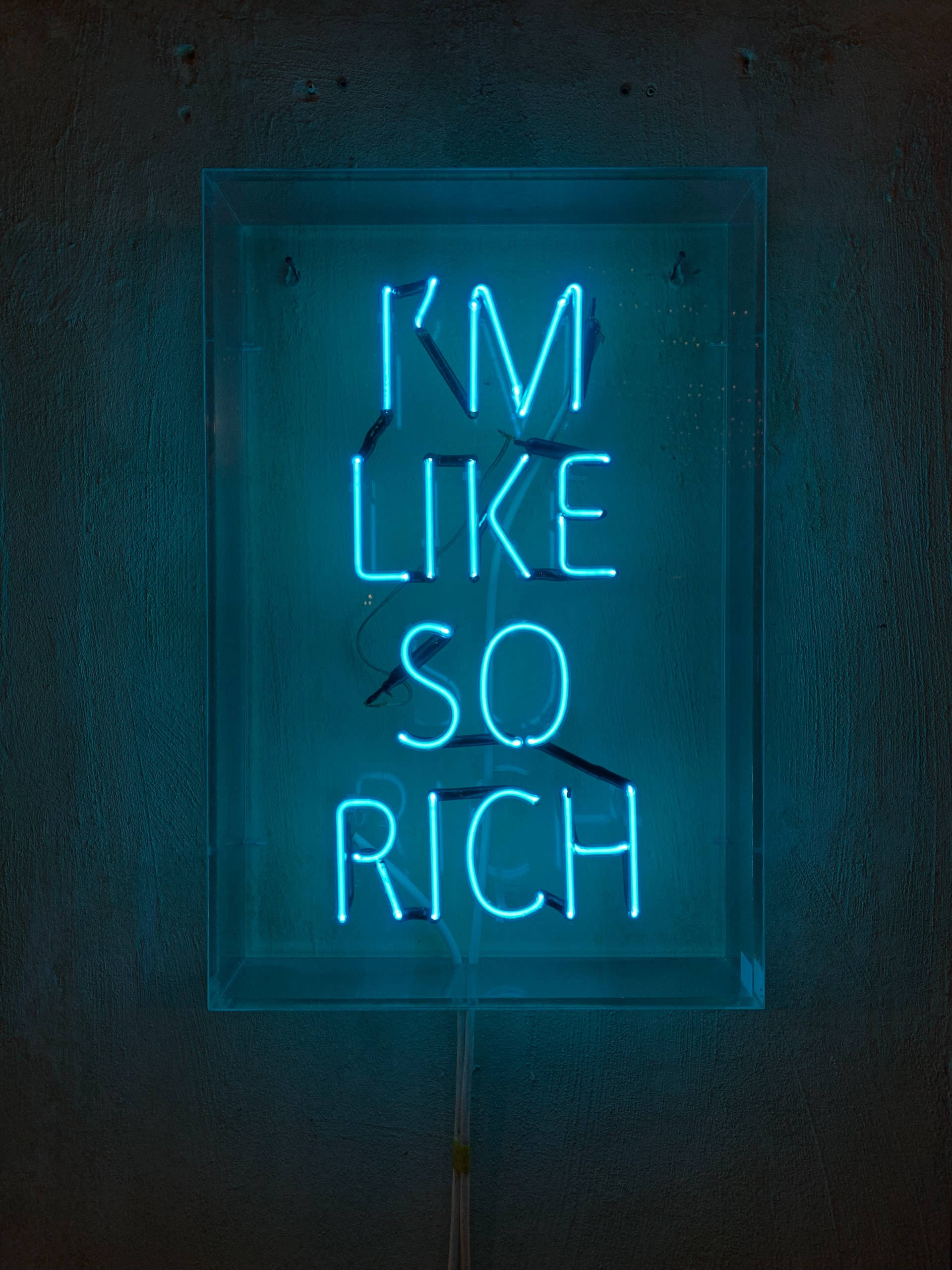 Neon Blue iPhone, I'M LIKE SO RICH, glowing blue neon sign, 2K Phone Wallpaper