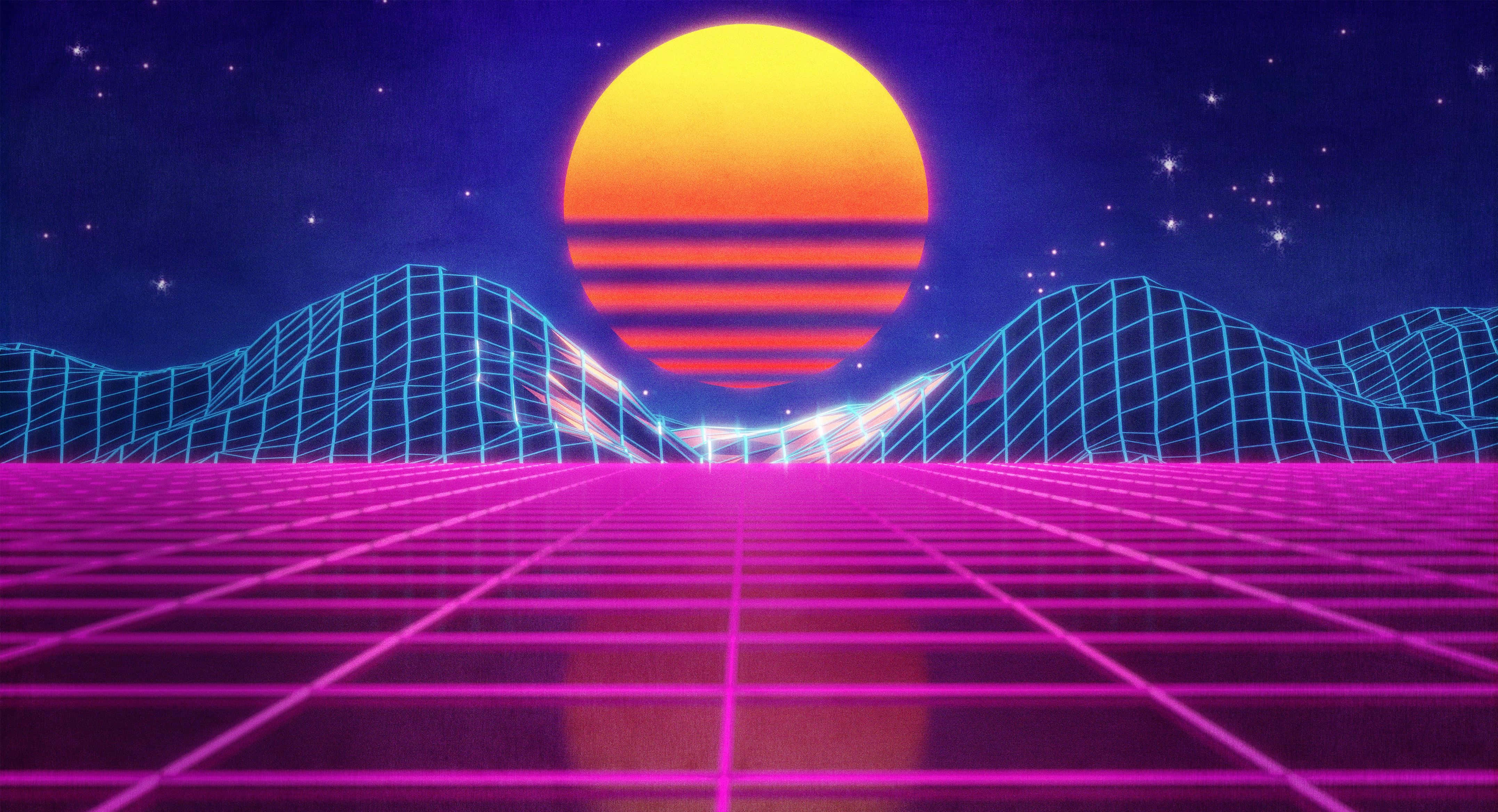 neon grid landscape, glowing orange sun, starry night sky, 4K Desktop Wallpaper