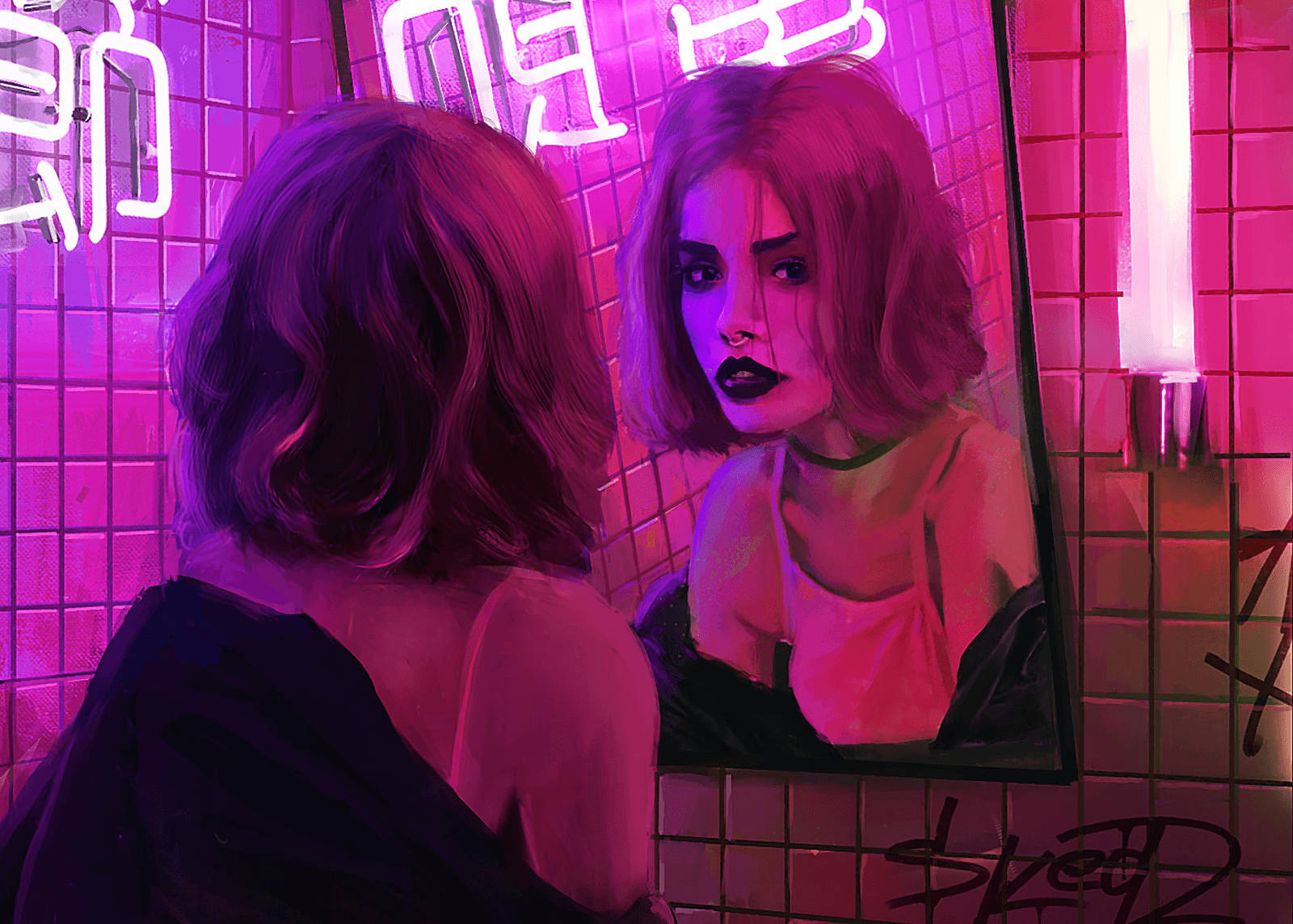 neon pink lights, neon-lit tiled room, pink and purple hues, HD Desktop Wallpaper
