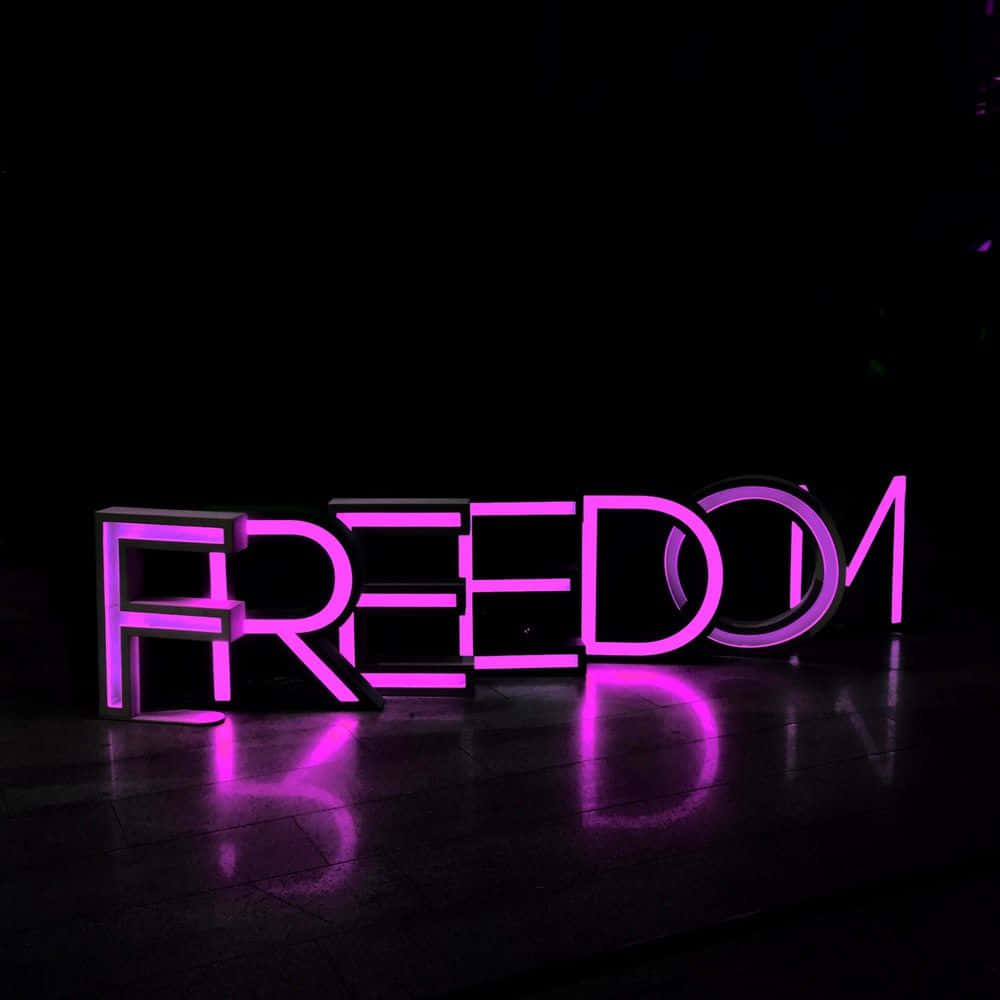 purple neon letters, freedom, dark polished floor, SD Desktop Wallpaper