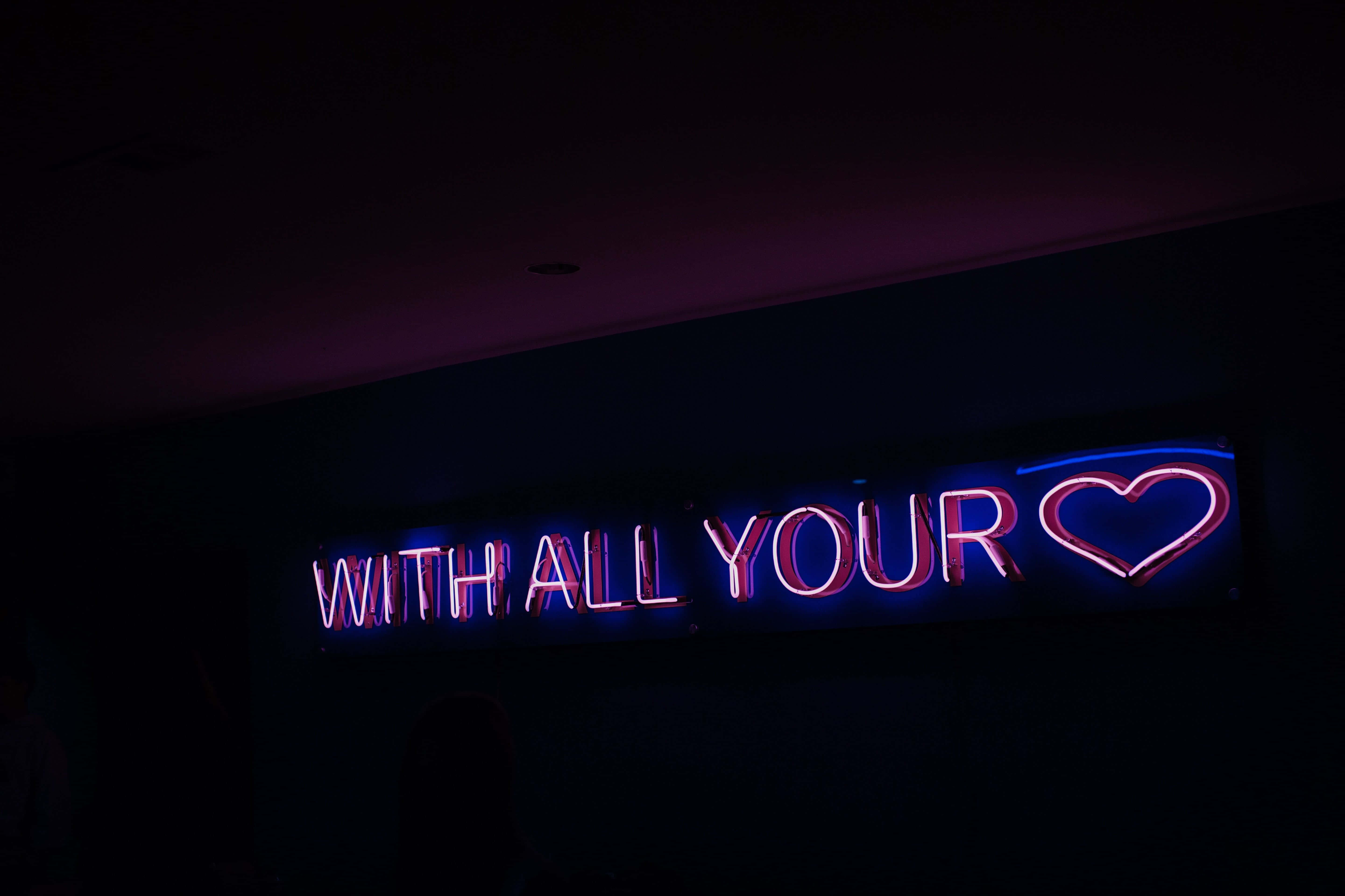 neon sign, pink and blue, dark wall, 5K Desktop Wallpaper