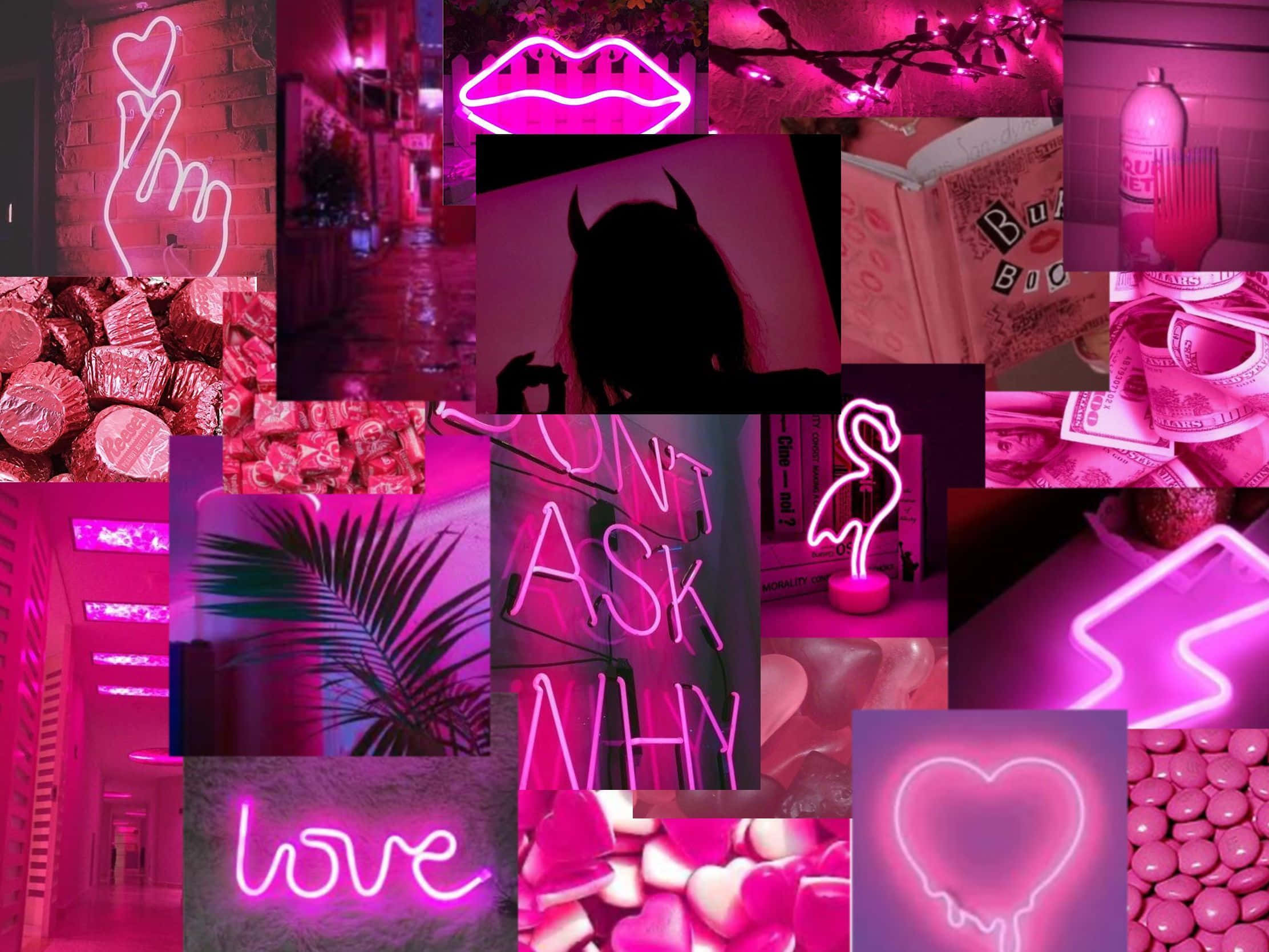 Pink Neon Lights Tumblr Laptop, vibrant pink neon, hearts, Full HD Desktop Wallpaper