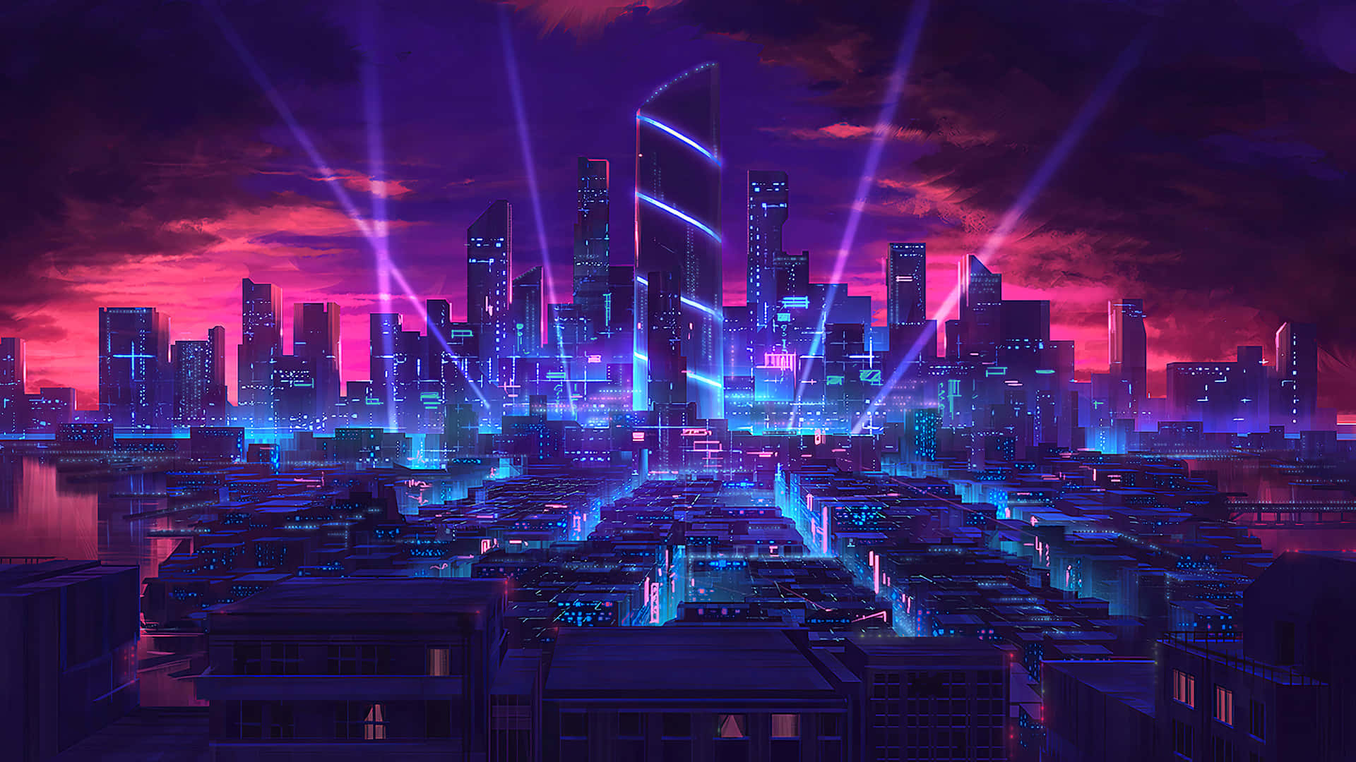 Neon Lights Tumblr Laptop, futuristic city skyline, neon blue lights, Full HD Desktop Wallpaper