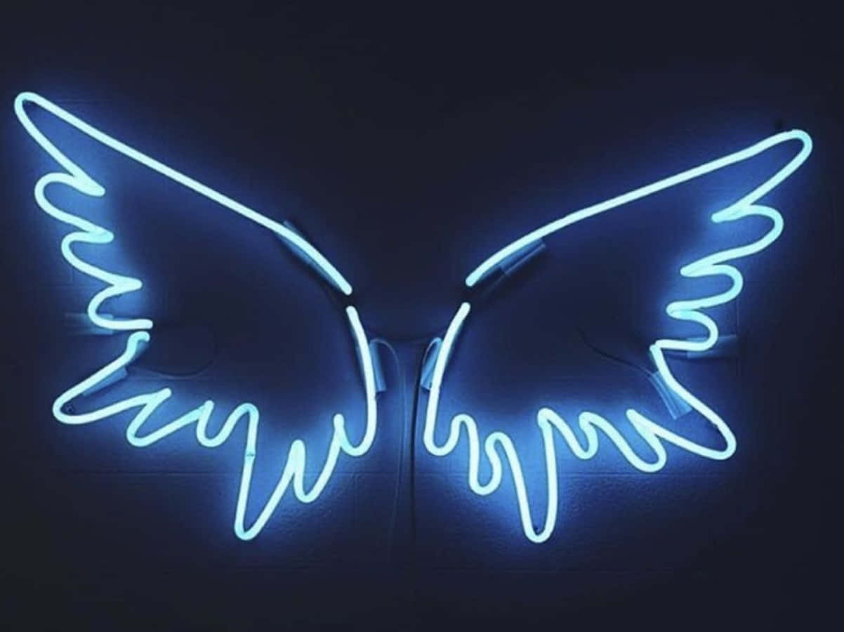 Neon Lights Tumblr Laptop, glowing blue neon angel wings, dark wall, SD Desktop Wallpaper