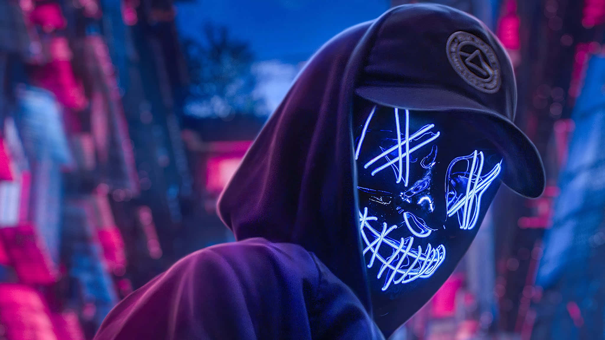 Neon Lights Tumblr Laptop, glowing blue neon mask, scribbled lines, Full HD Desktop Wallpaper