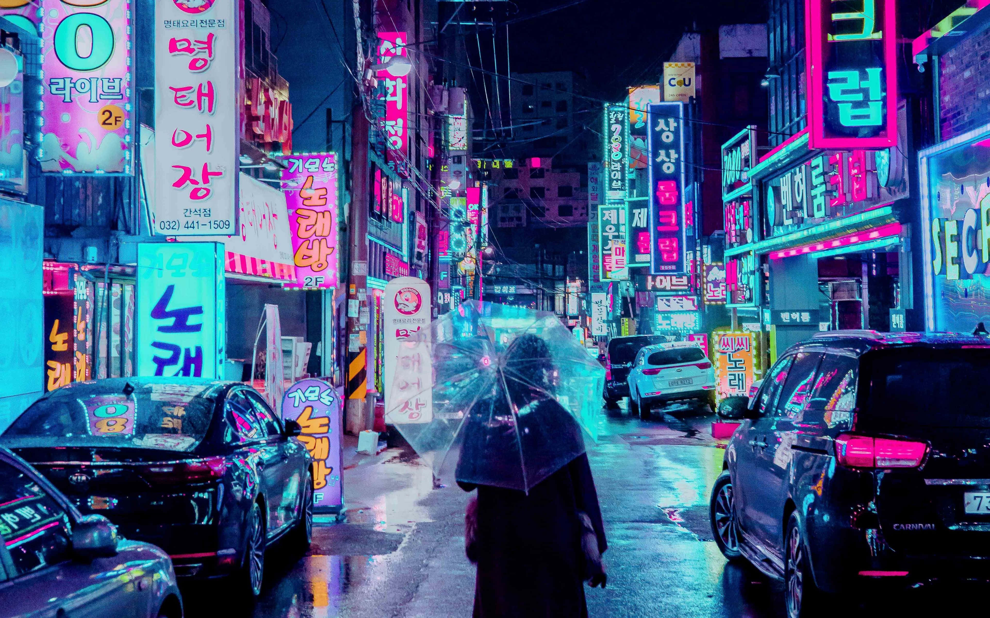 Neon Lights Tumblr Laptop, Korean street, neon-lit, 4K Desktop Wallpaper