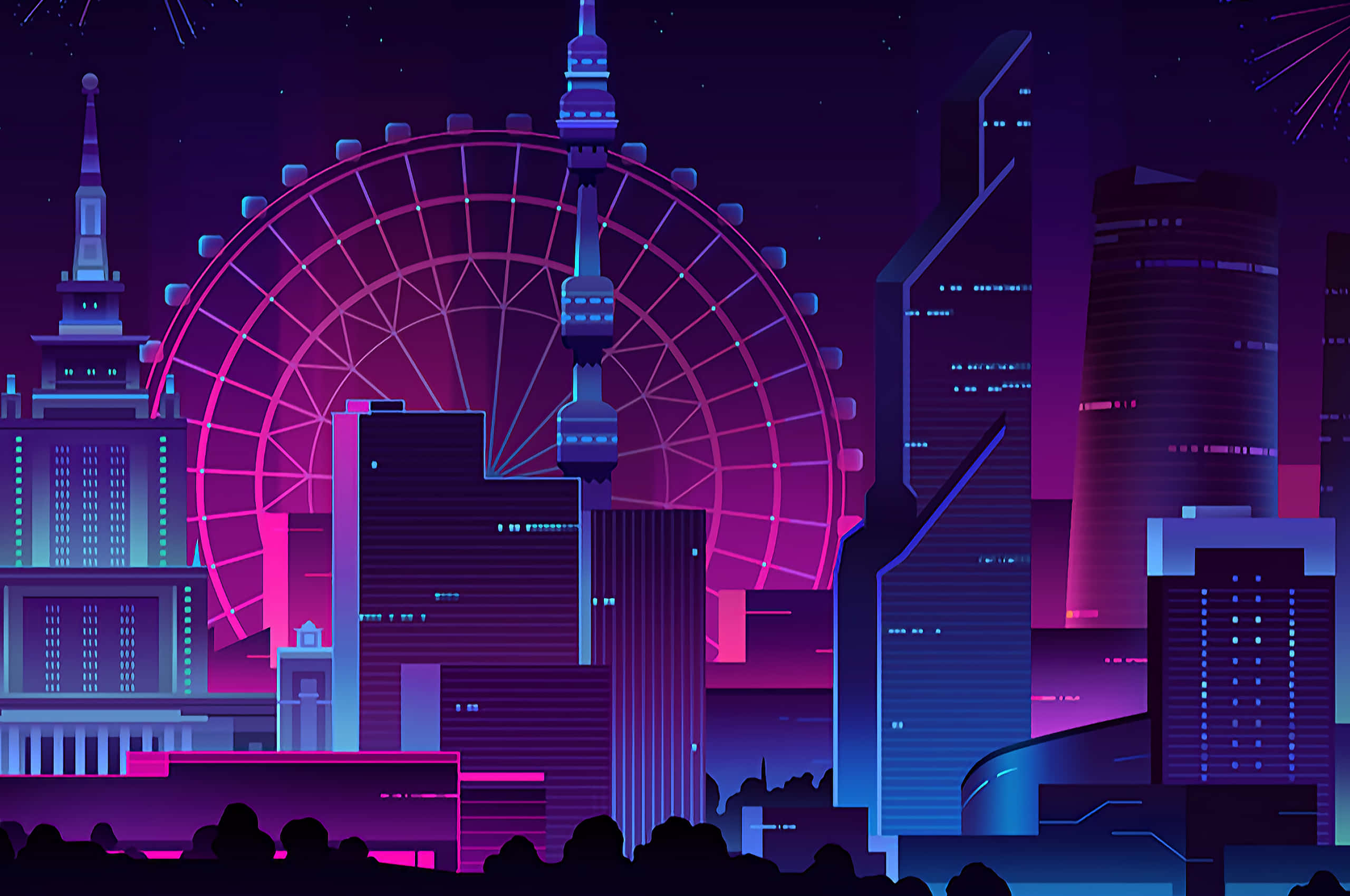 Ferris wheel, neon-drenched cityscape, futuristic skyscrapers, 2K Desktop Wallpaper