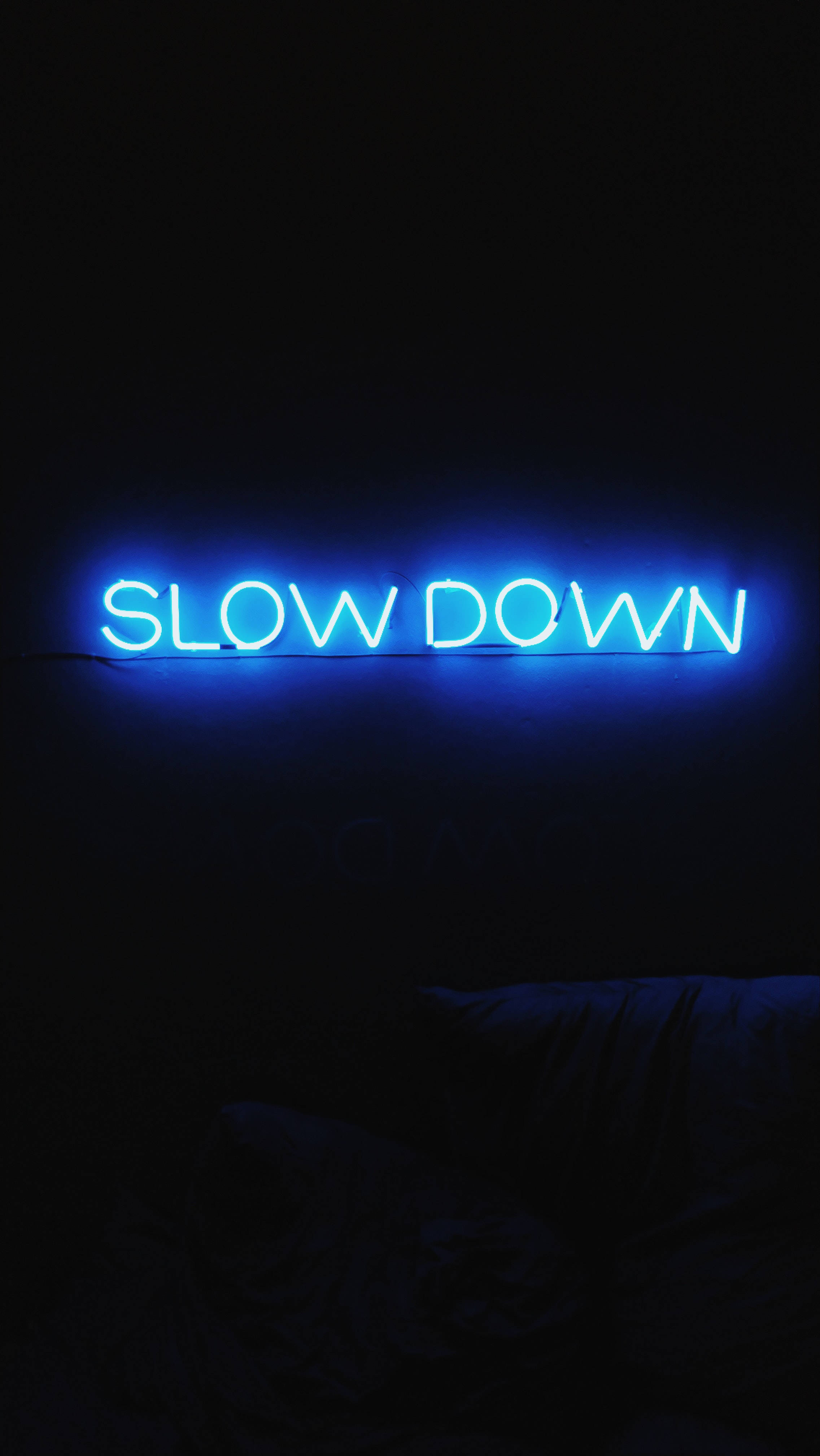 slow down, neon sign, blue, 4K Phone Wallpaper
