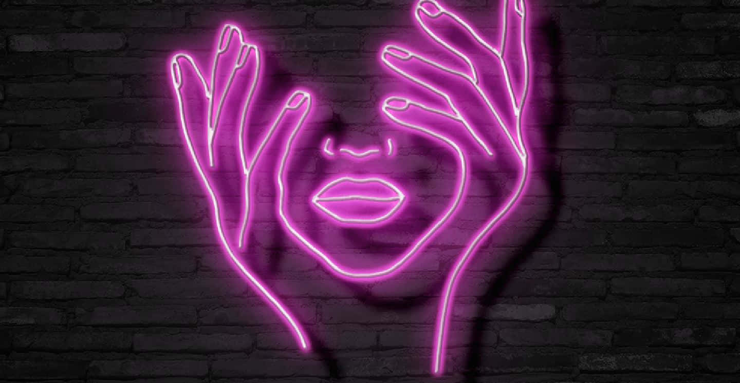 neon face, hands, dark brick wall, HD Desktop Wallpaper