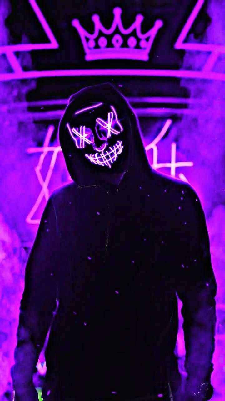 black hoodie, glowing purple skull mask, neon signs, HD Phone Wallpaper