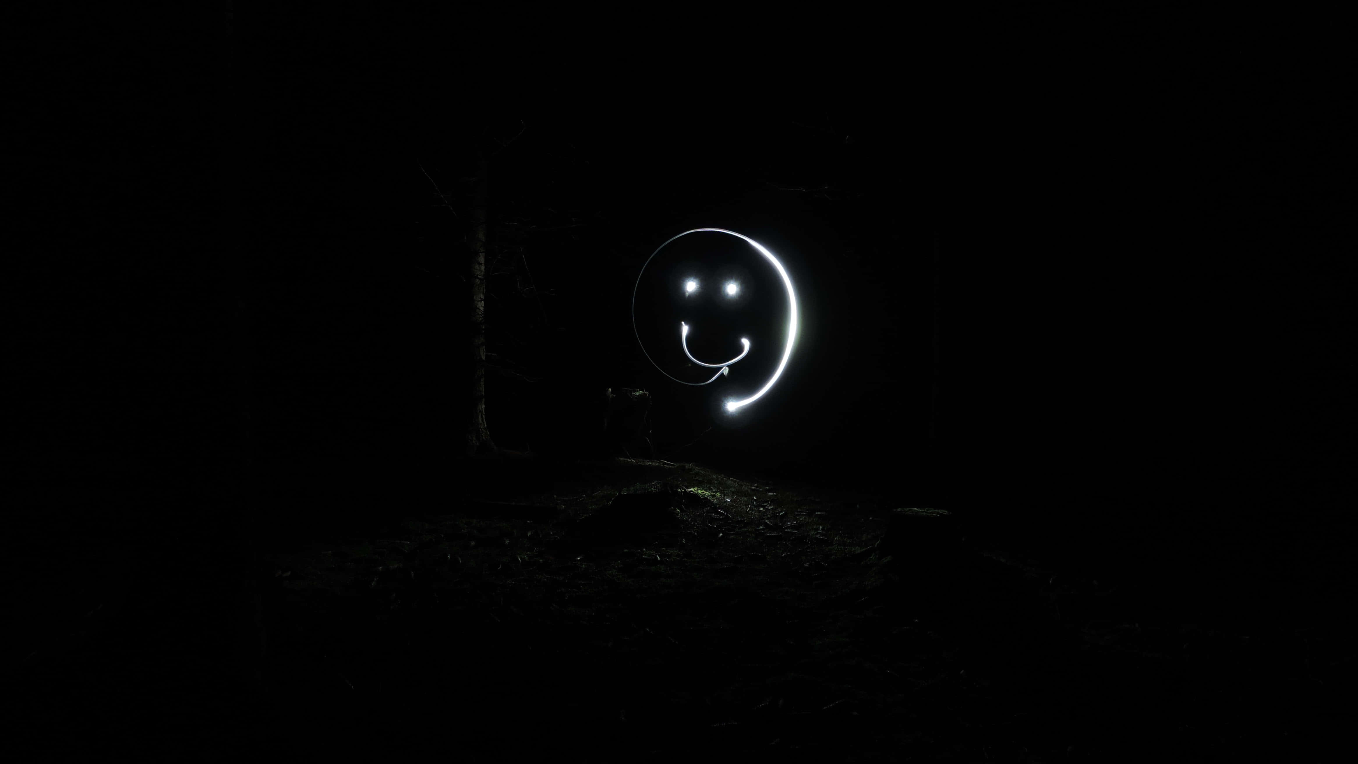 glowing white smiley face, pitch-black forest, night, 4K Desktop Wallpaper