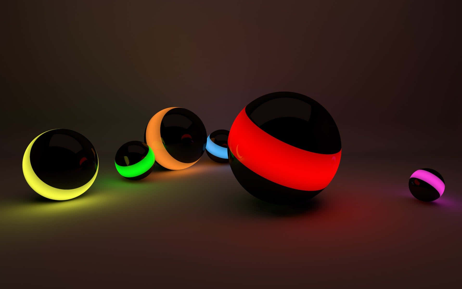 Glossy black spheres, glowing colored bands, dark studio floor, Full HD Desktop Wallpaper