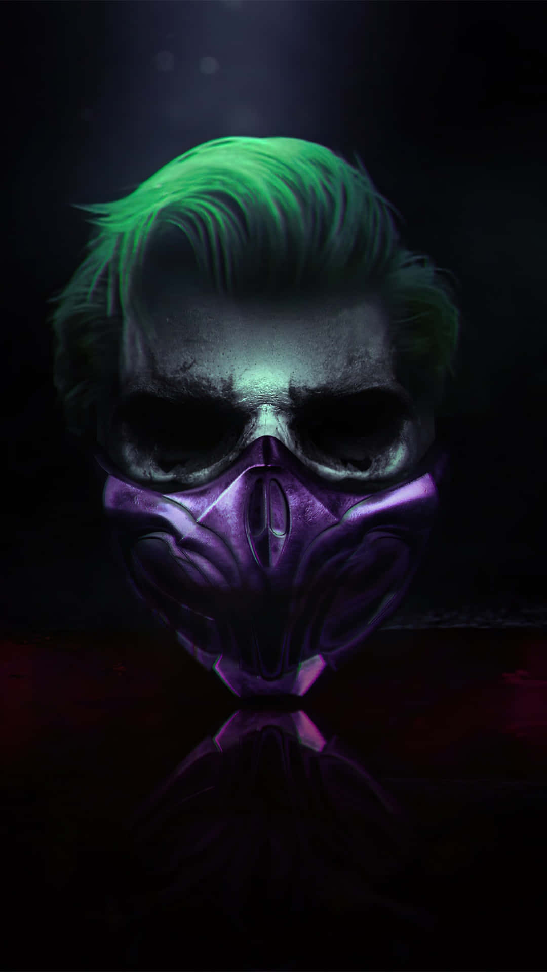 glowing green hair, purple skull mask, dark, reflective surface, Full HD Phone Wallpaper