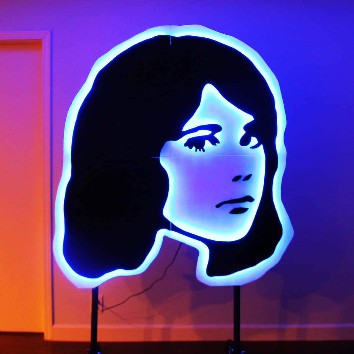 glowing blue neon sign, woman's face, dark hair, SD Desktop Wallpaper