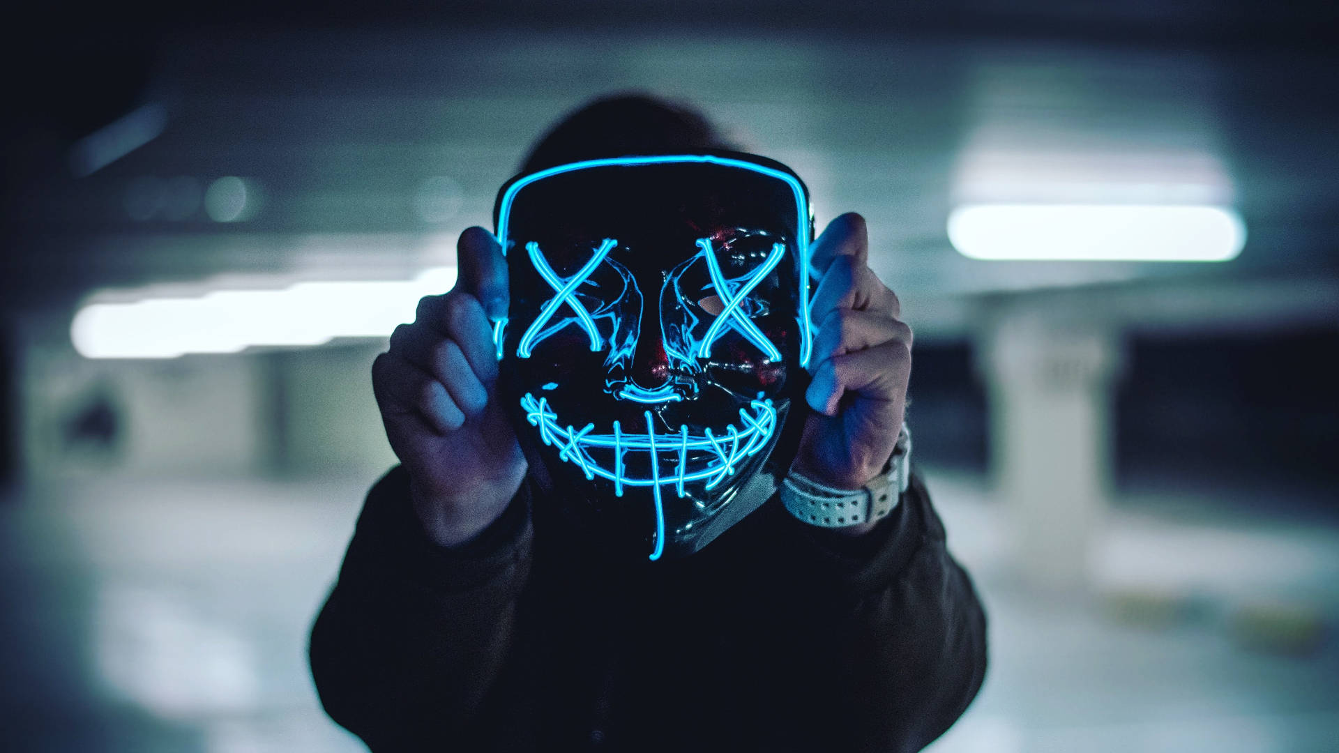 glowing blue LED mask, X eyes, stitched mouth, Full HD Desktop Wallpaper