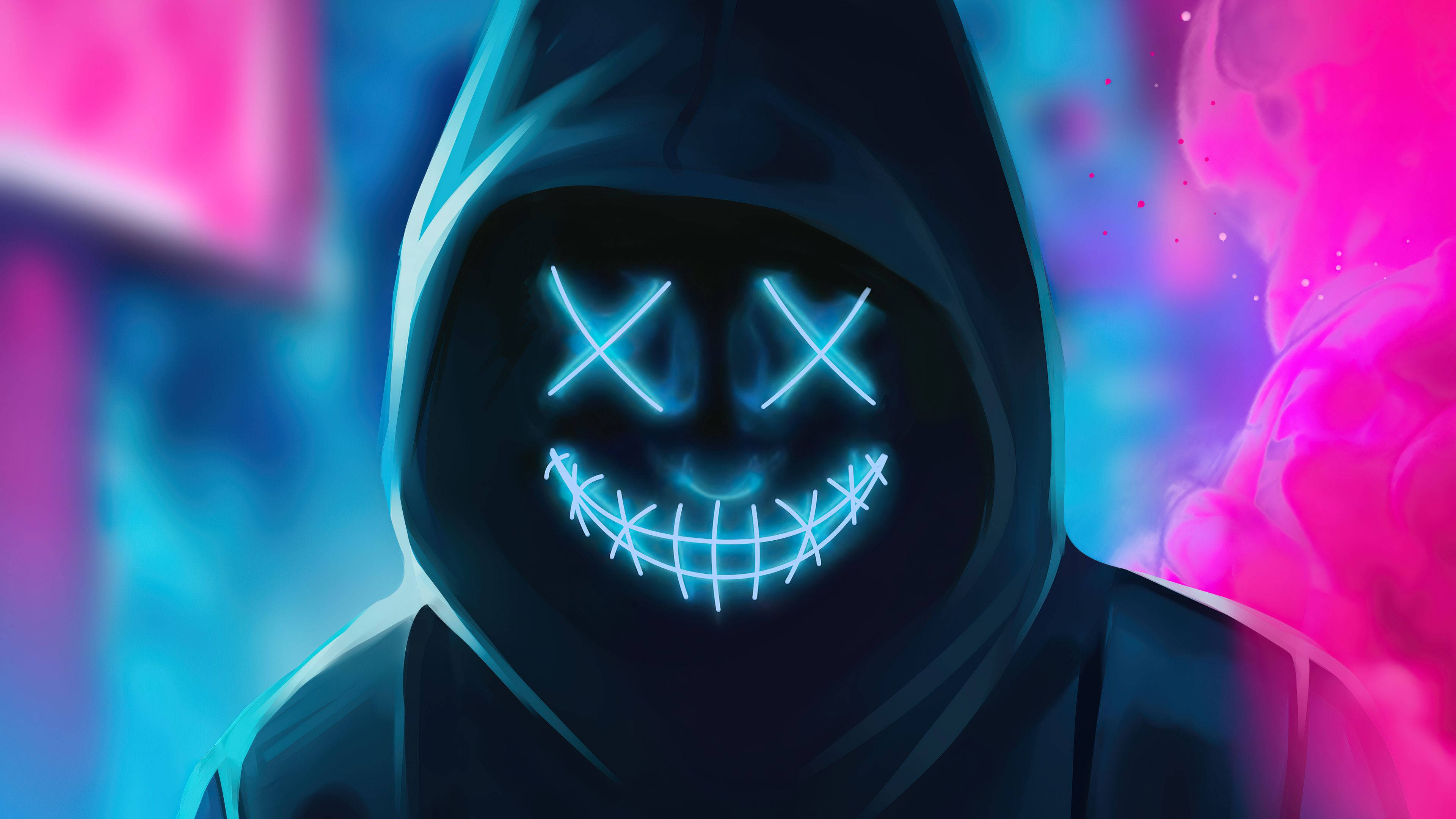 hooded figure, glowing blue stitched eyes, grin, 4K Desktop Wallpaper