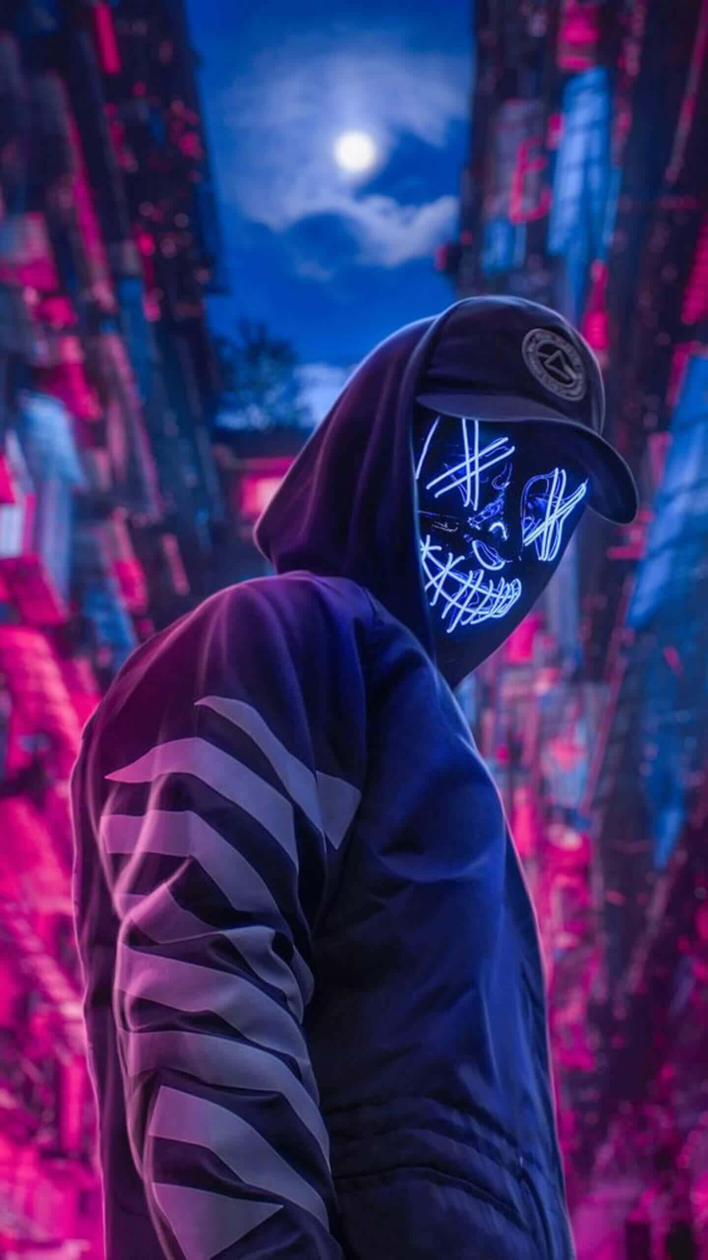 Neon Glow Mask, glowing blue neon mask, cyberpunk cityscape, 2K Phone Wallpaper