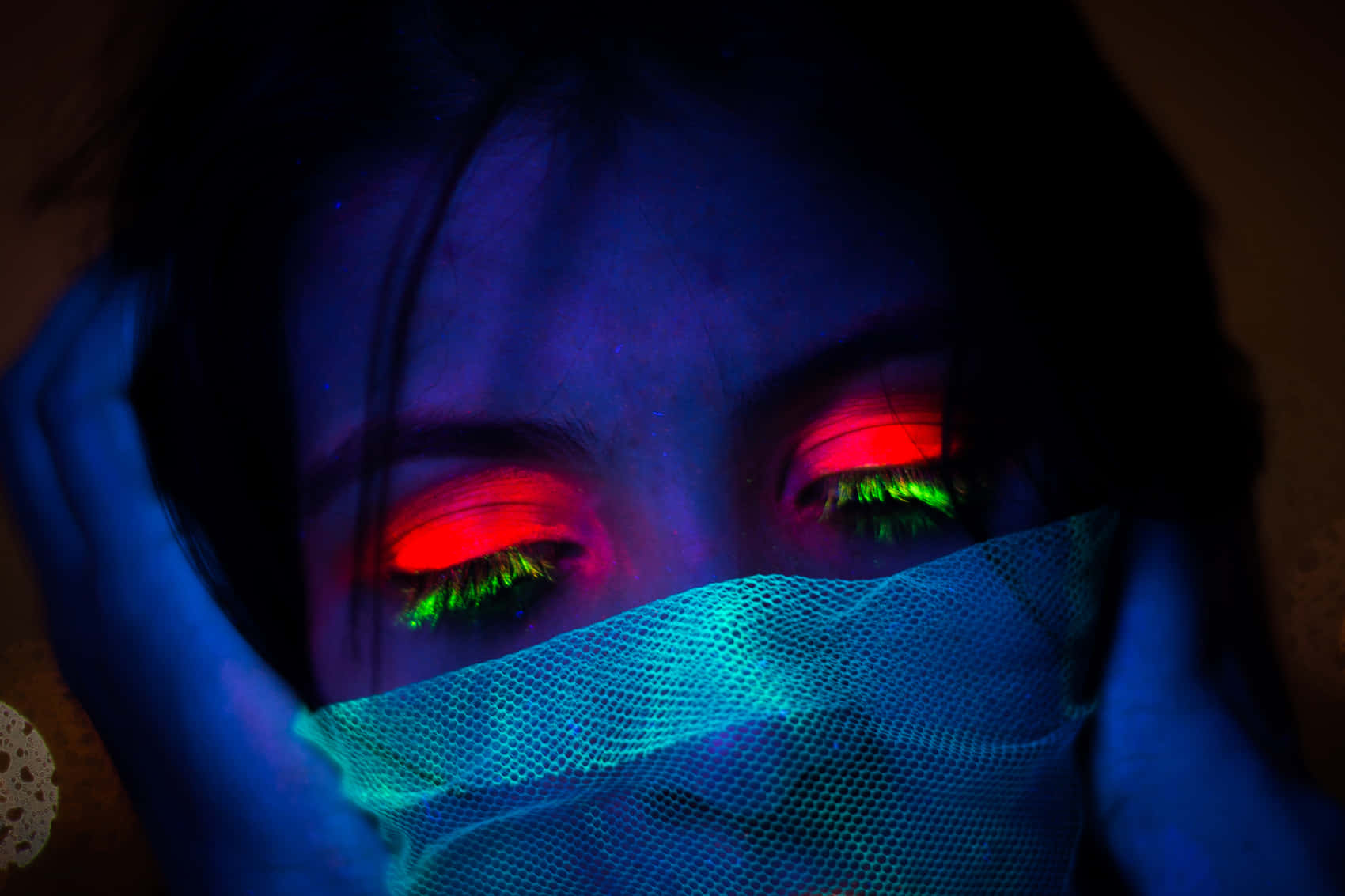neon glow, black light makeup, glowing blue mesh mask, HD Desktop Wallpaper