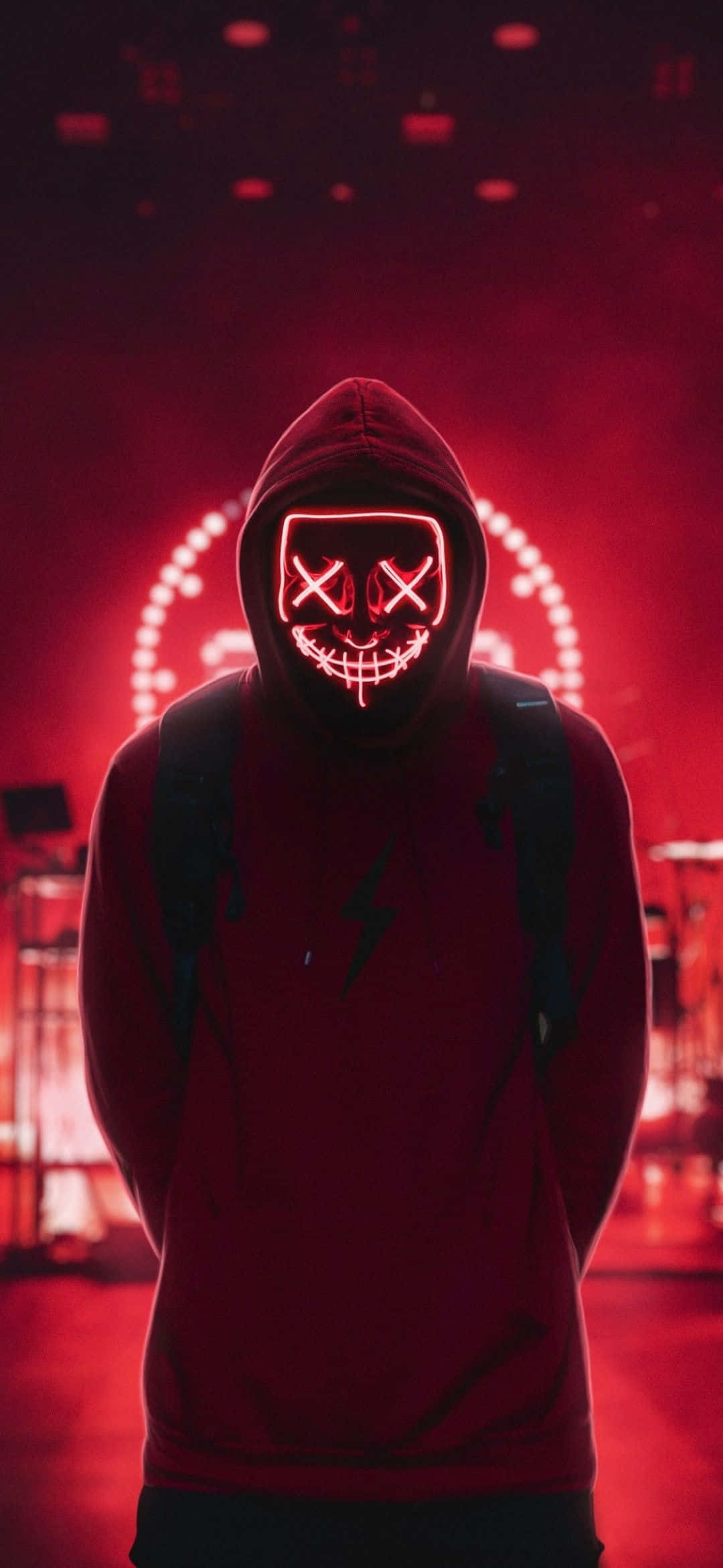 Neon Mask, red hoodie, glowing red LED mask, Full HD Phone Wallpaper
