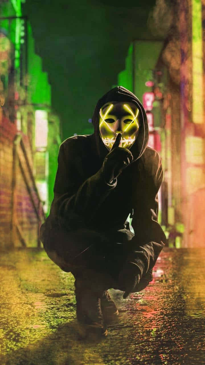 Neon Mask, glowing yellow mask, neon-drenched alley, HD Phone Wallpaper